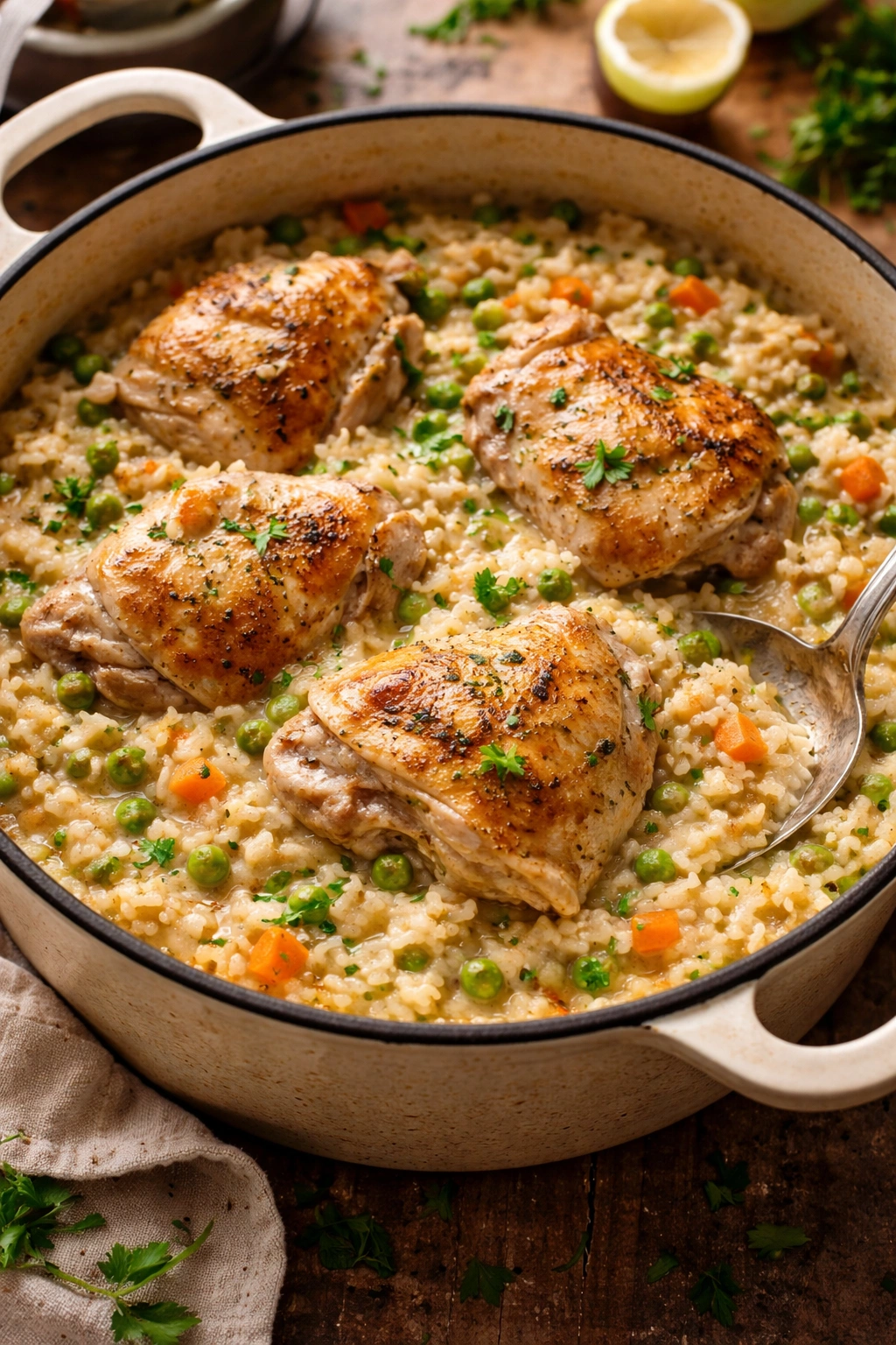 Creamy chicken and rice dinner in a rustic pot with tender chicken and creamy sauce