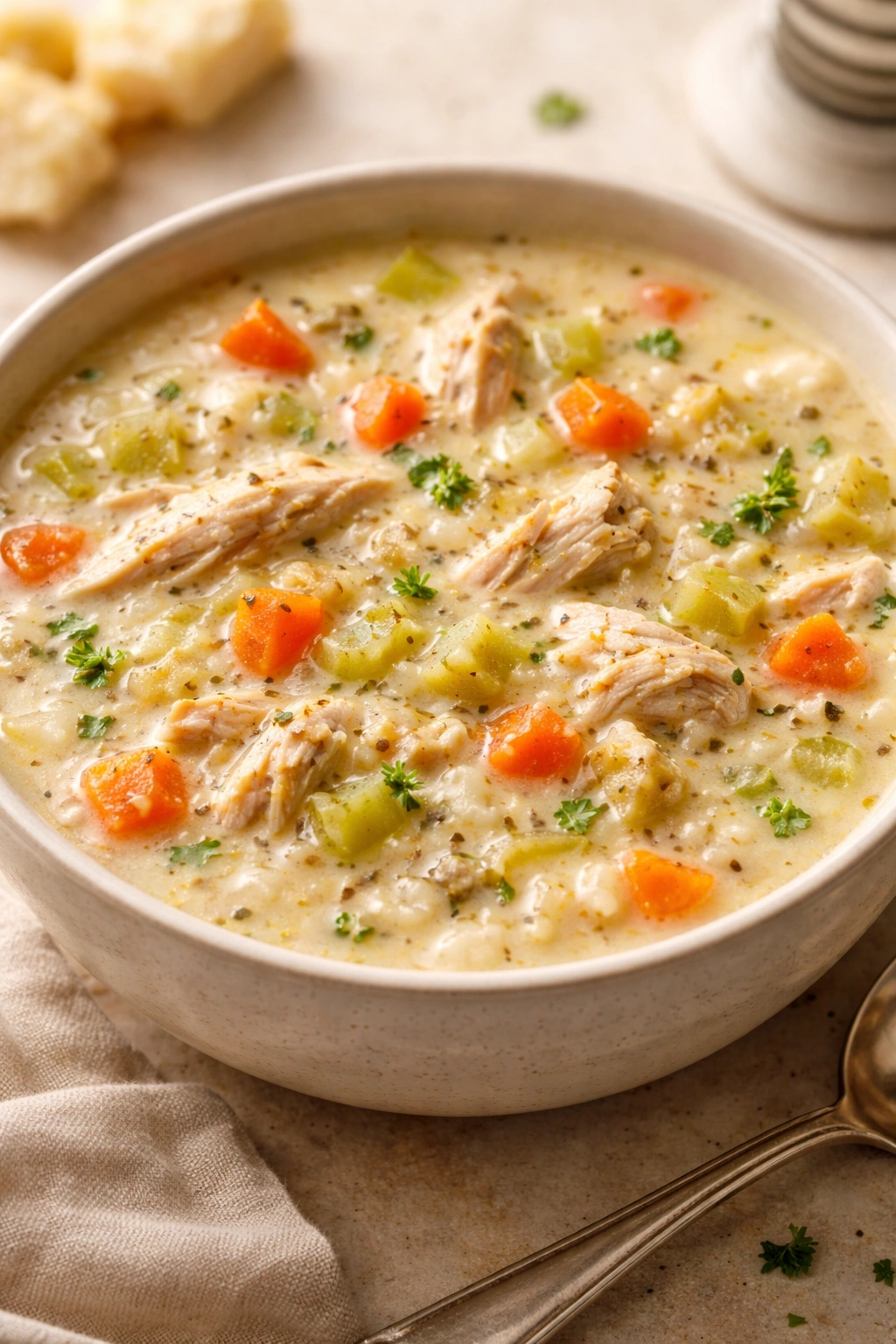 Creamy chicken and rice soup with visible chicken and rice