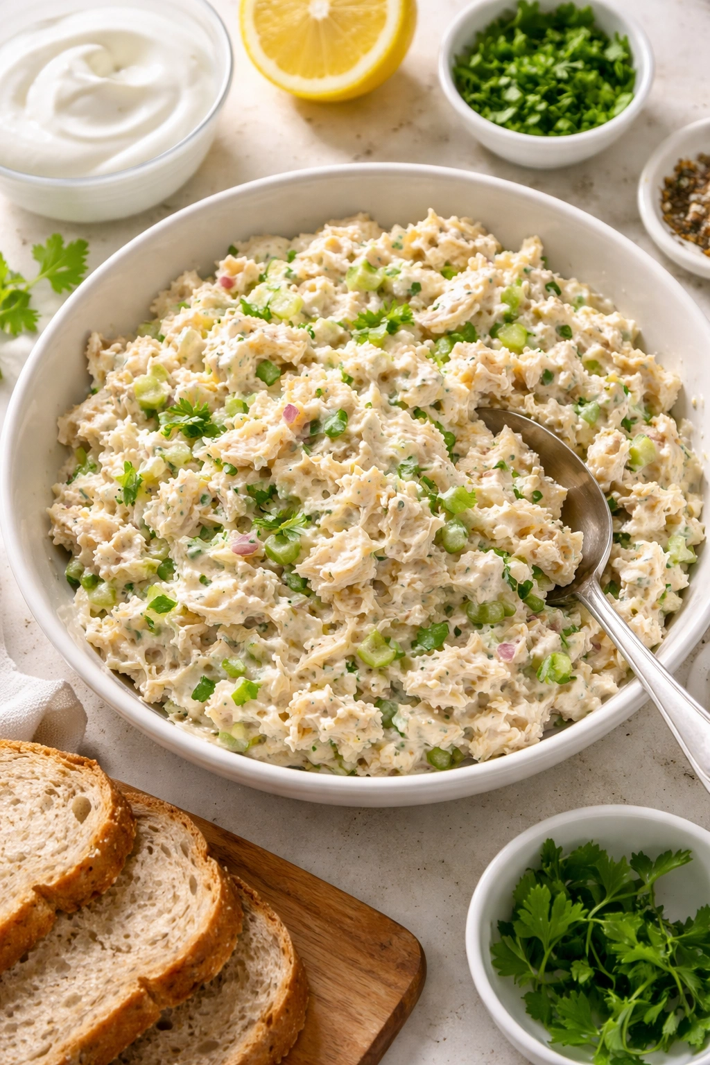 Creamy chicken salad with glossy texture in a light bowl