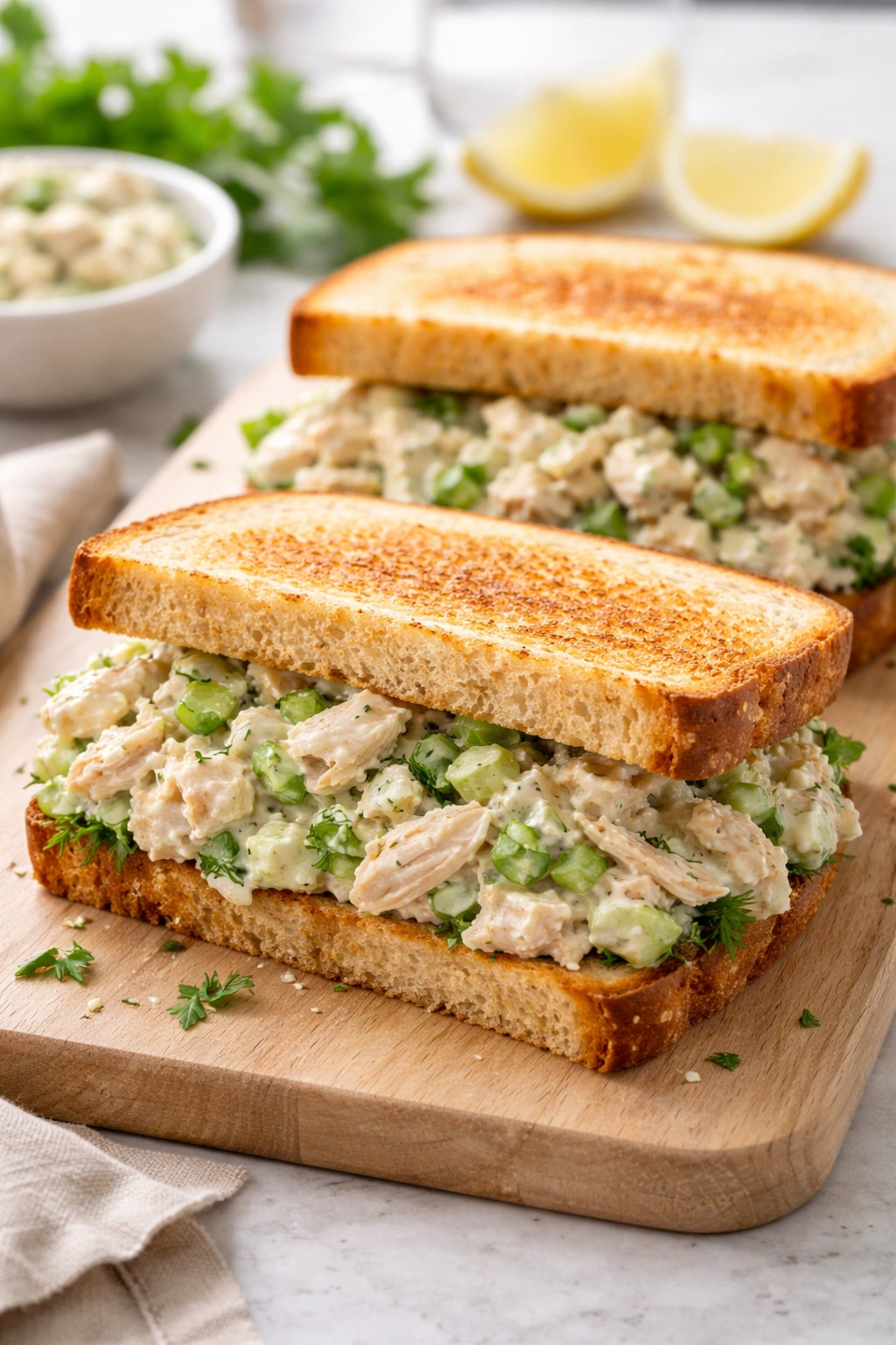 Creamy chicken salad sandwiches on toasted bread