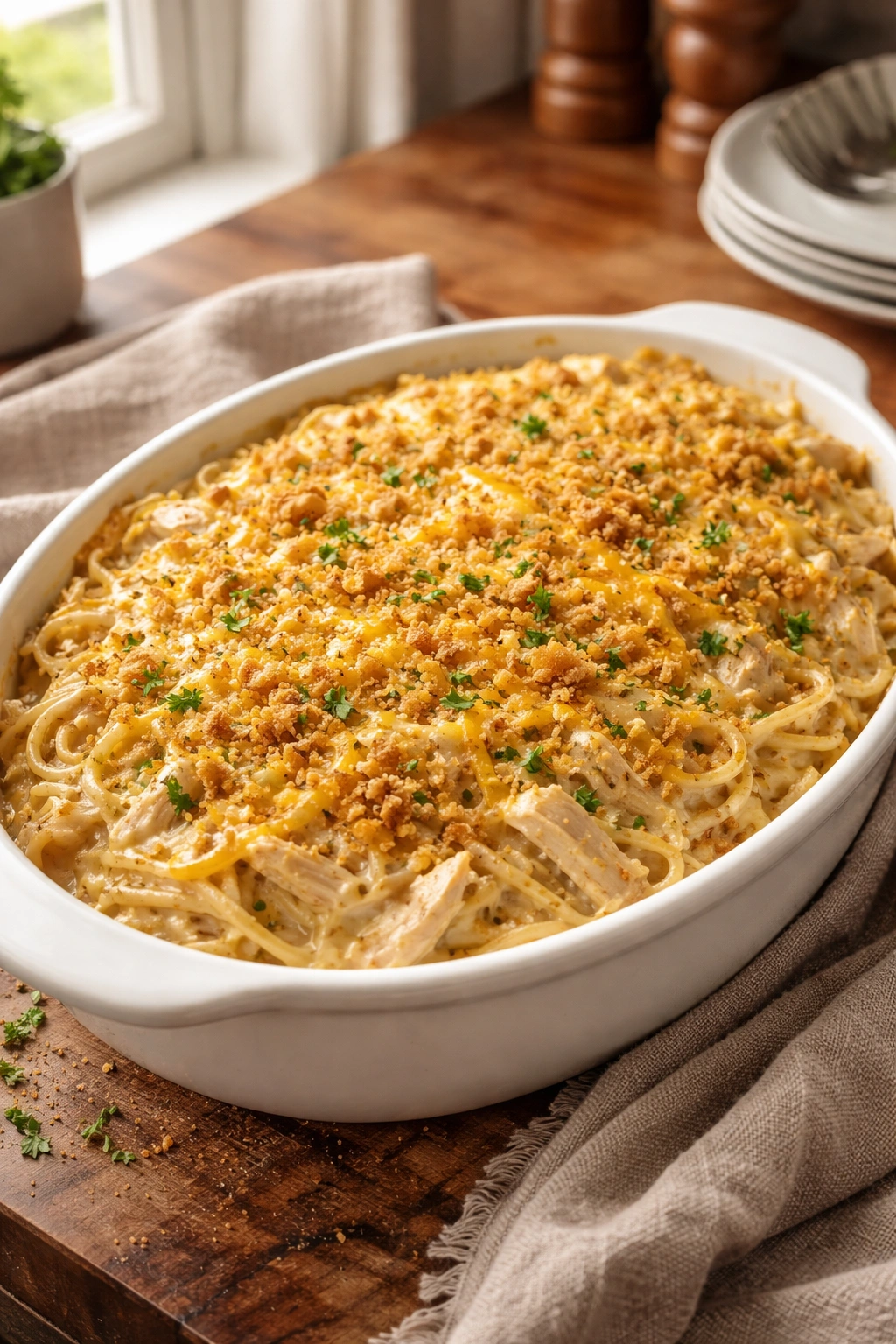 Close-up of creamy chicken spaghetti casserole in a white baking dish