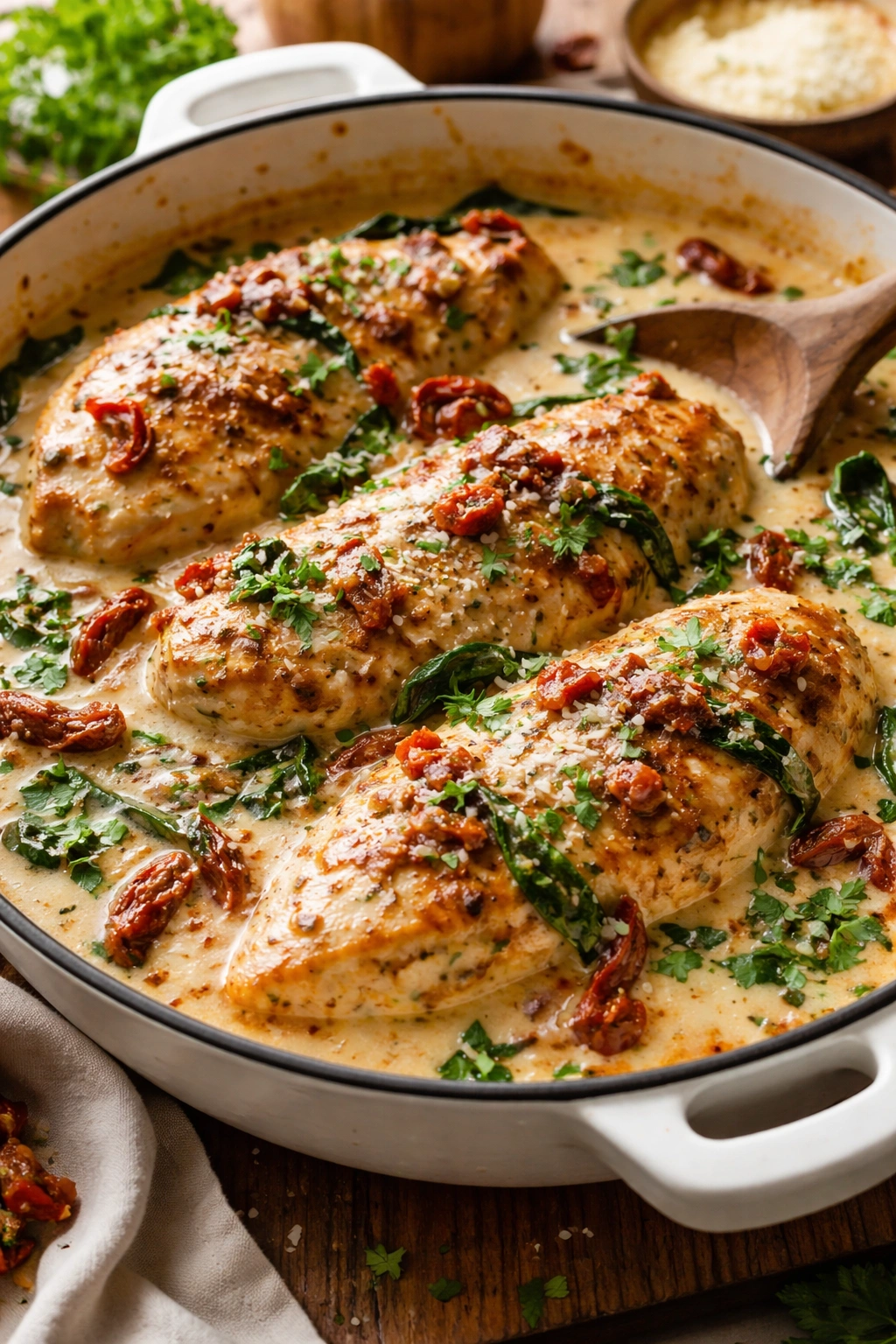 Creamy Tuscan chicken with sun-dried tomatoes on plate