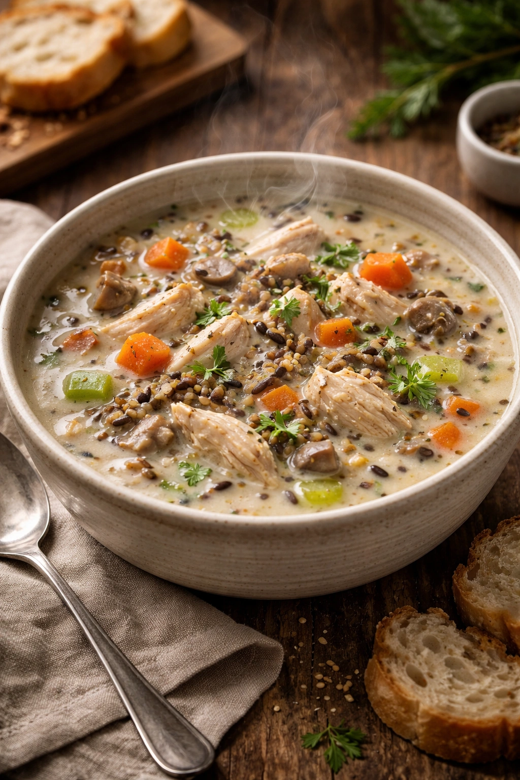 Creamy chicken and wild rice soup with vegetables in bowl