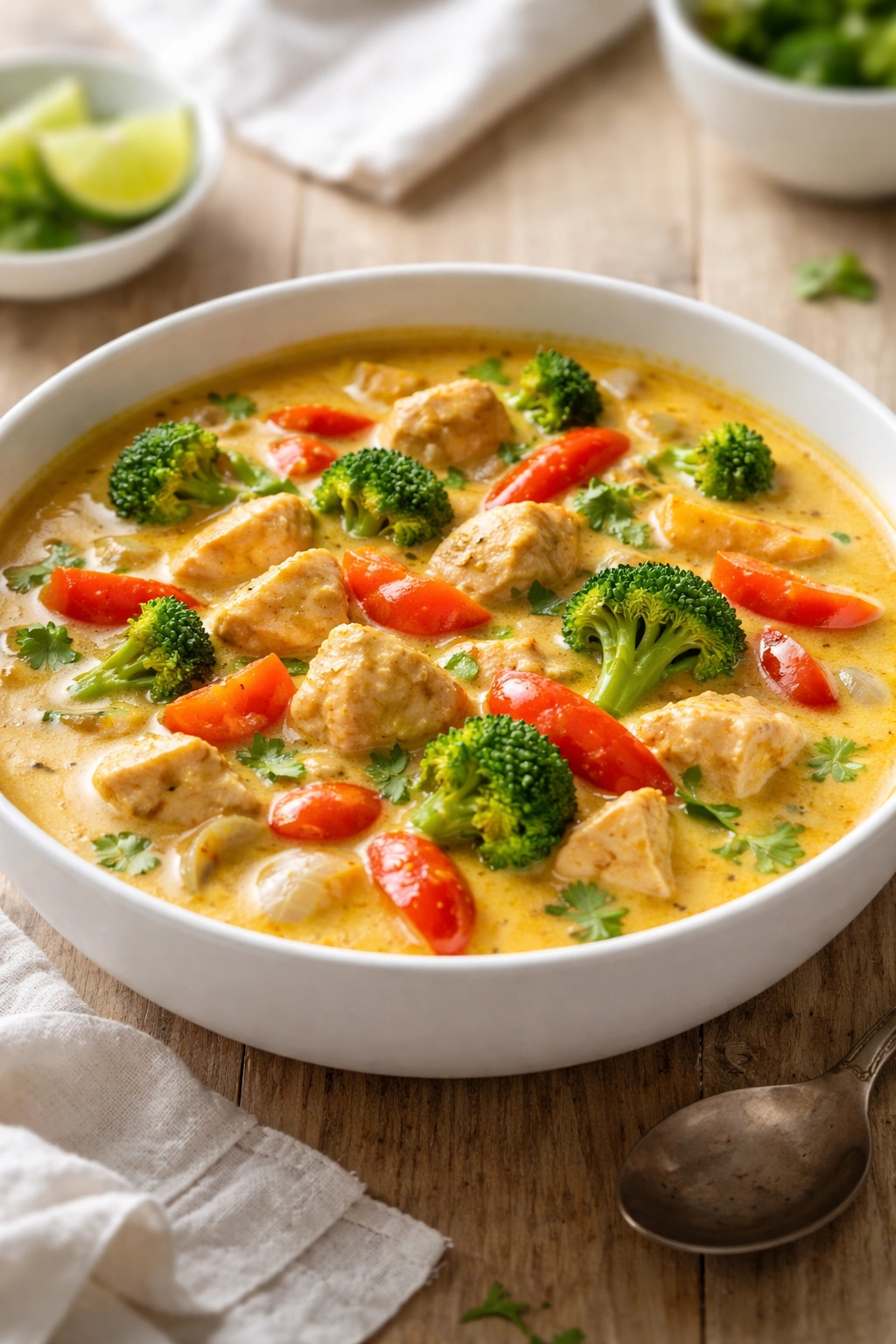 Creamy coconut curry with chicken and vegetables in a white bowl on a light wooden surface