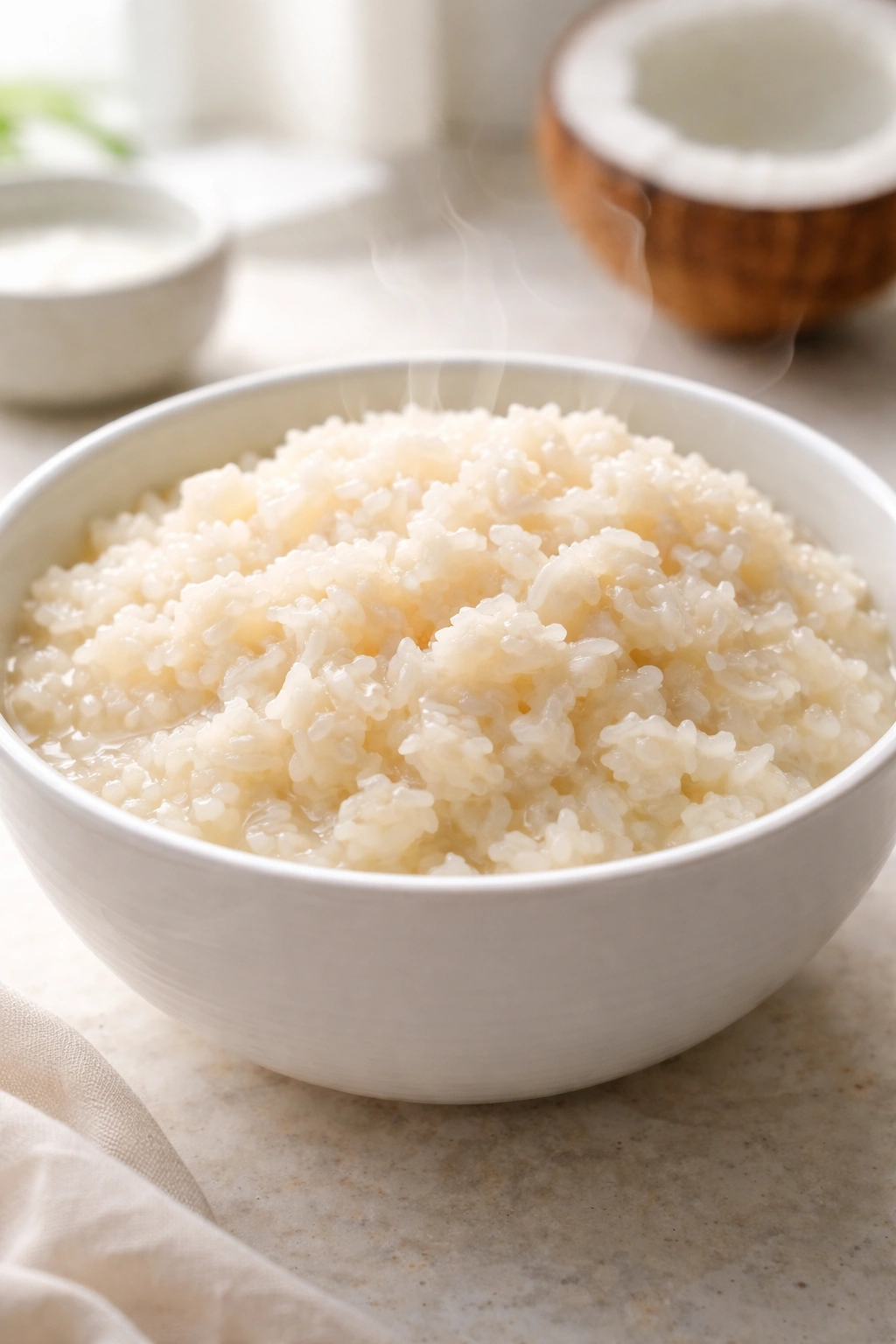 Creamy coconut rice in a white bowl with a glossy surface and steam.
