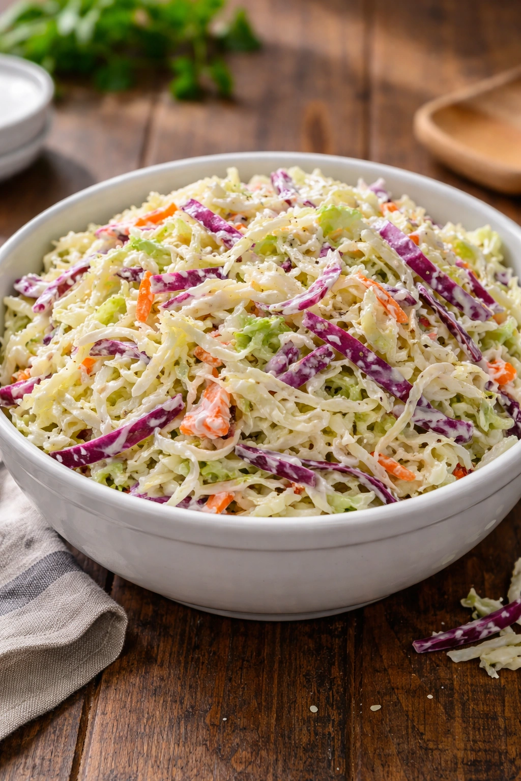 Close-up of creamy coleslaw with crunchy cabbage in glossy dressing