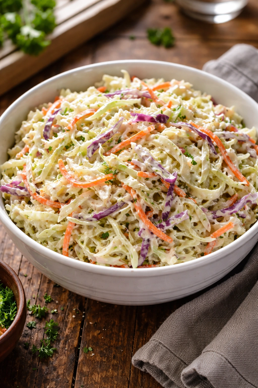 Close-up of creamy coleslaw with shredded cabbage and carrots in a white bowl