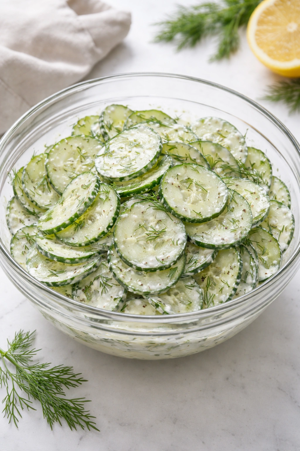 Cucumber slices in creamy dill dressing in a glass bowl