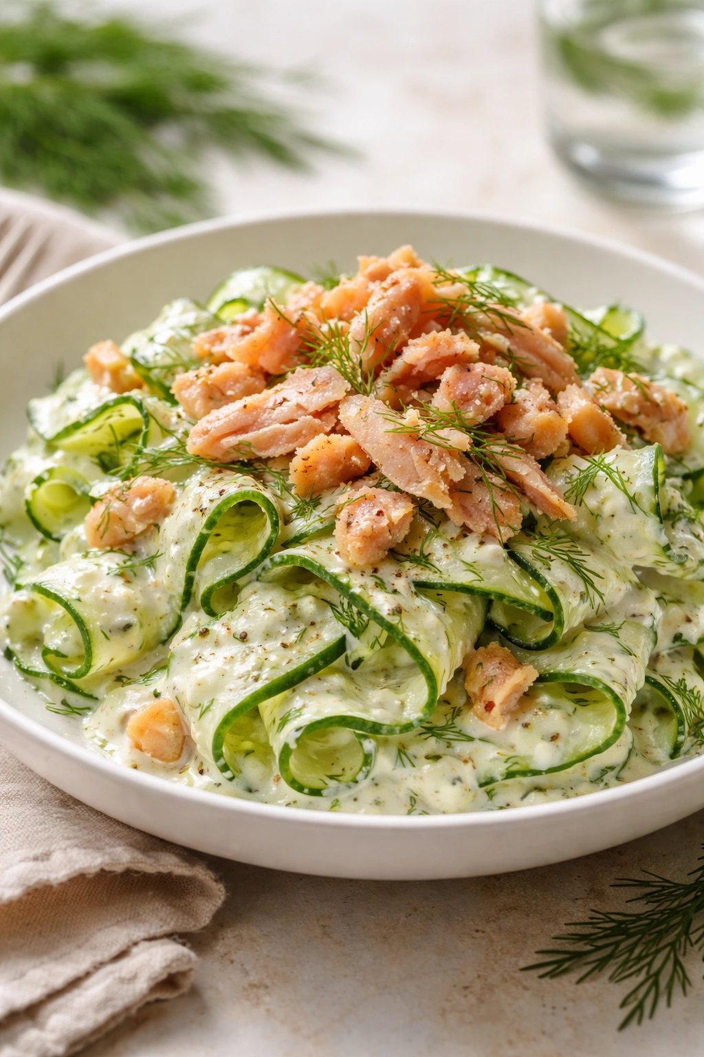 Creamy dill cucumber salad with smoked trout