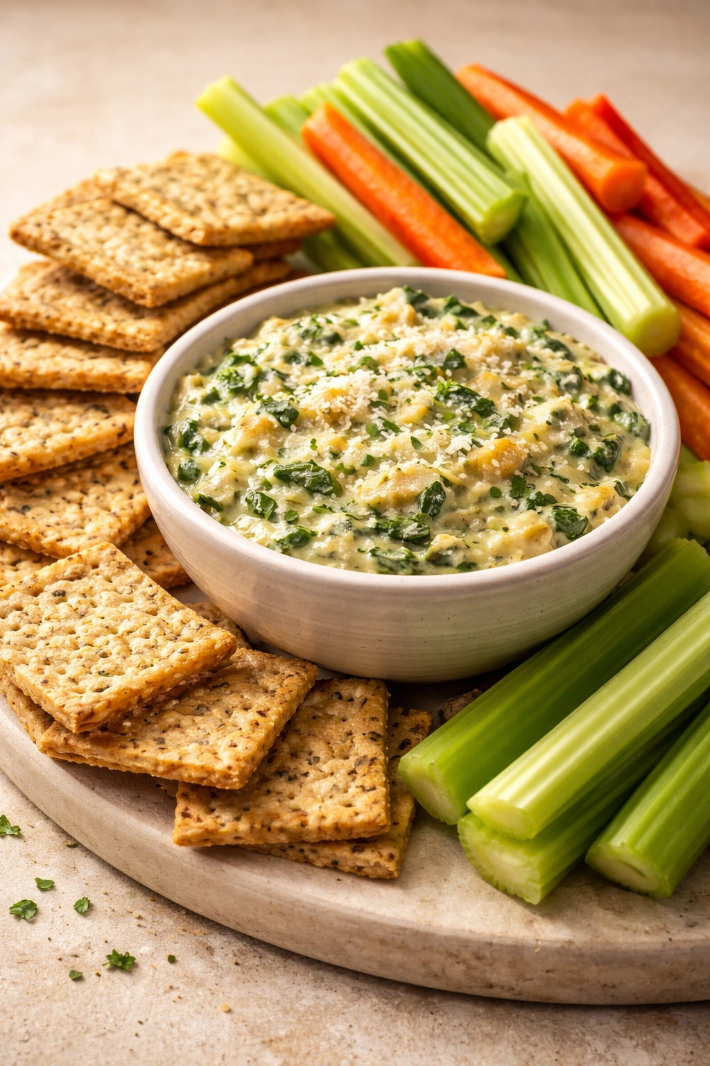 Creamy spinach-artichoke dip with crackers and carrot sticks.