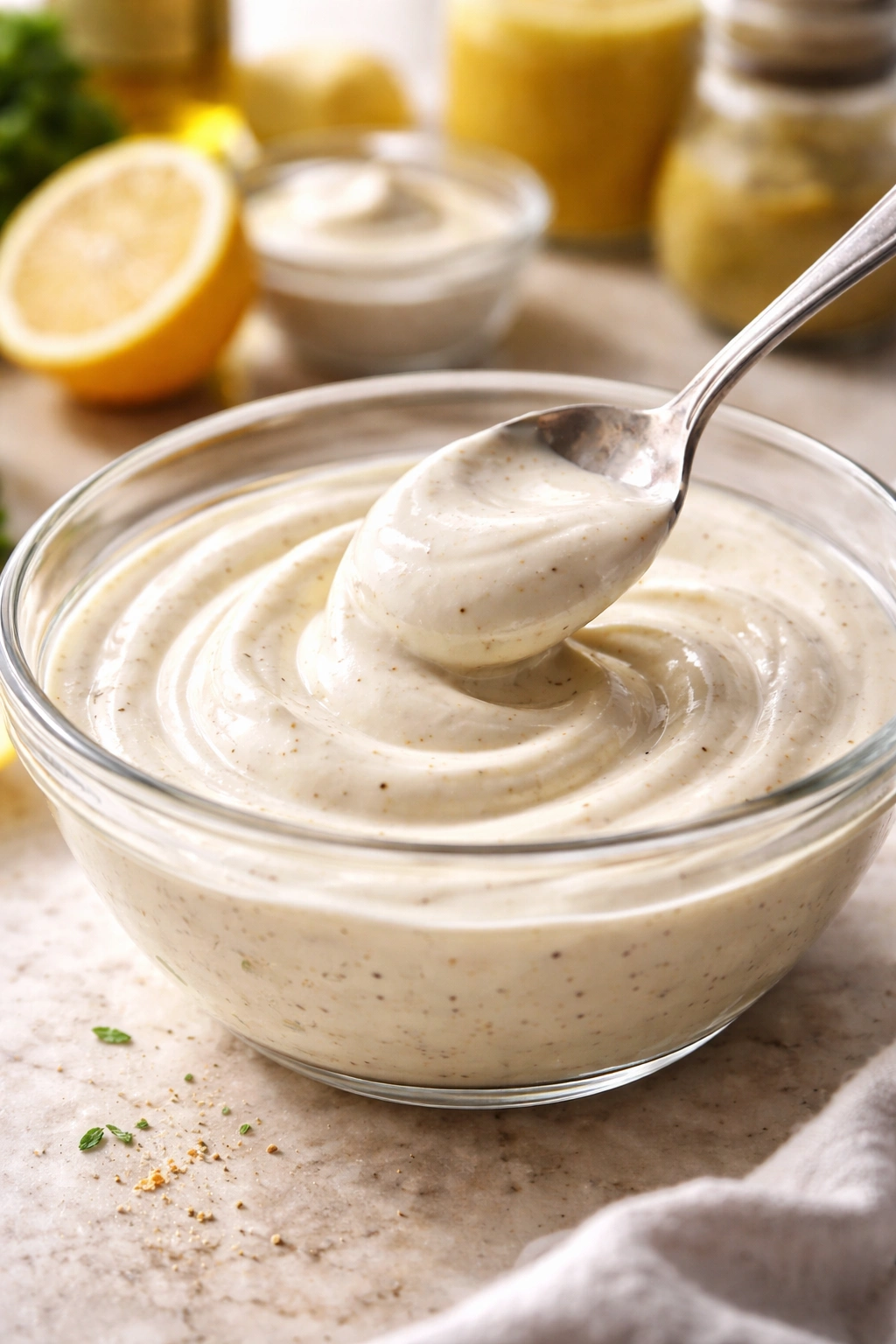 Smooth creamy dressing swirled in a glass bowl with a spoon
