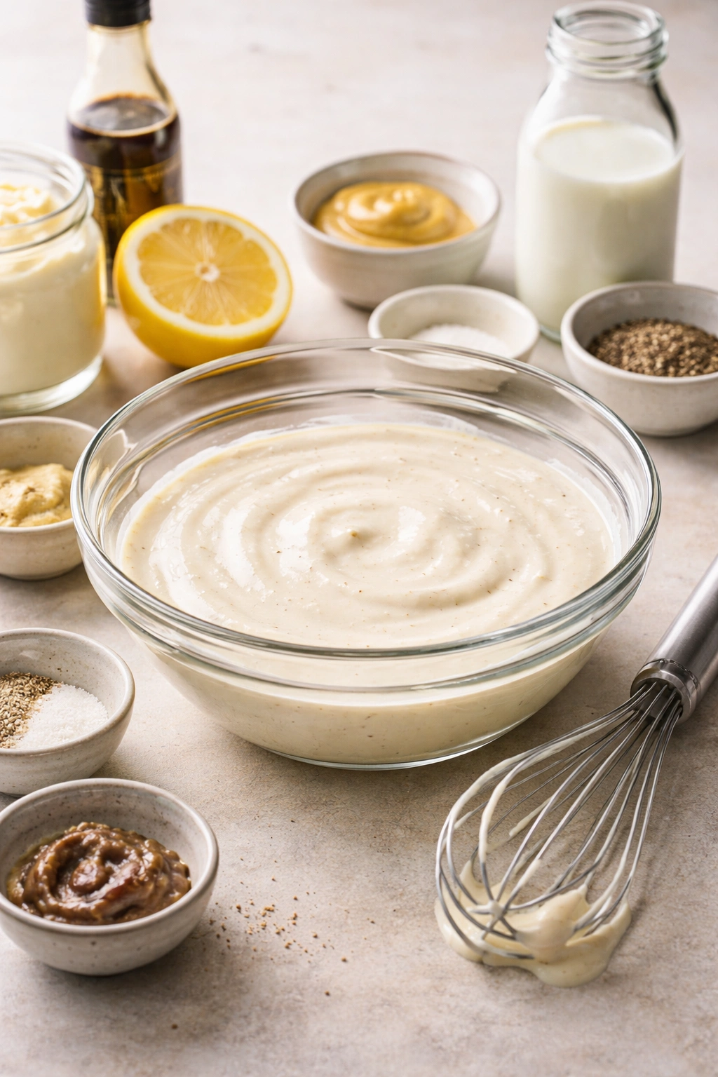 Creamy dressing in glass bowl with whisk
