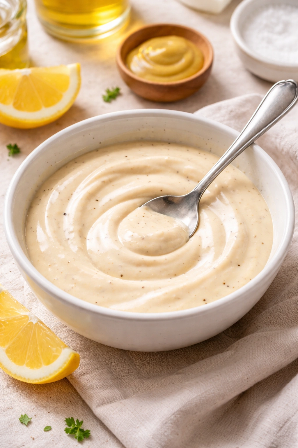 Creamy dressing in a bowl with a spoon, lemon wedge nearby.