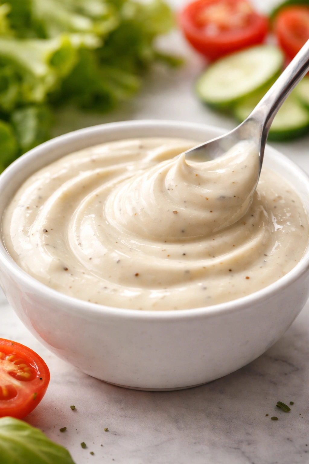 Creamy dressing in a small bowl with a smooth, glossy texture.