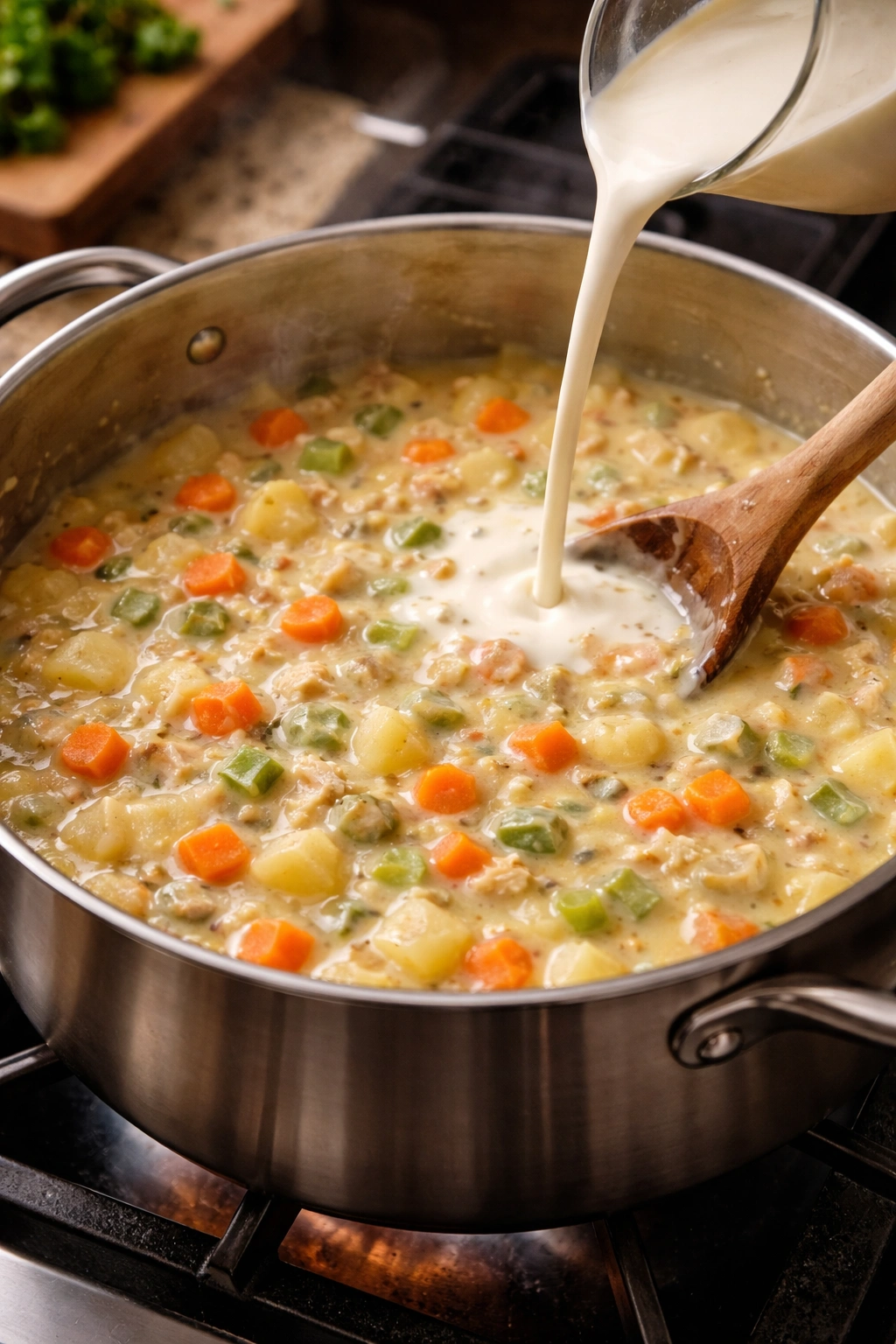 Creamy chicken pot pie filling thickening in a pot with vegetables
