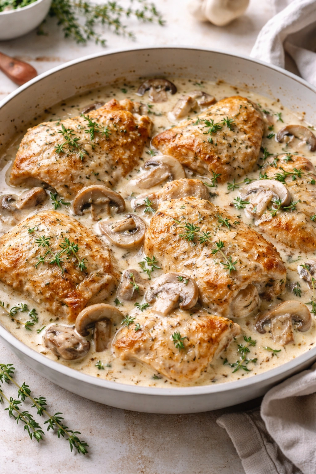Creamy garlic chicken with mushrooms in a cream sauce on a plate