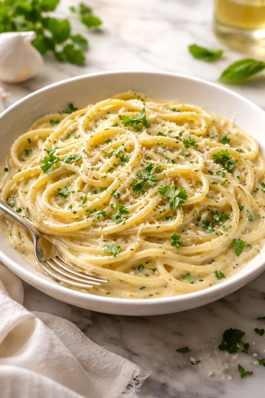 Creamy garlic pasta with fresh herbs in a white bowl, close-up