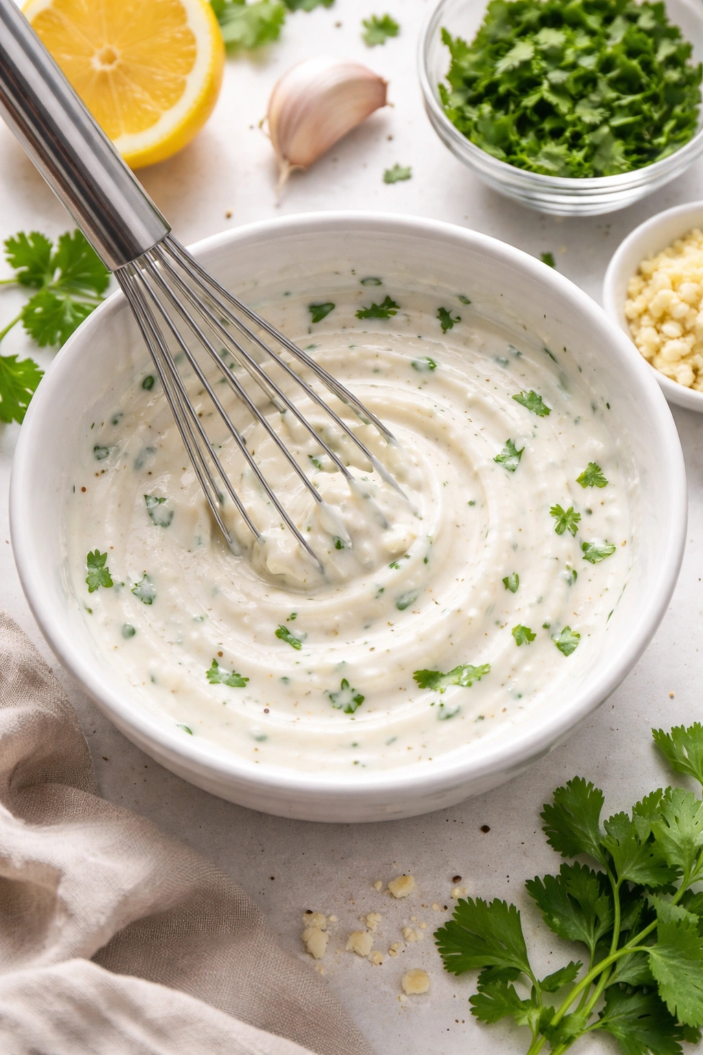Creamy garlic sauce being whisked in a bowl