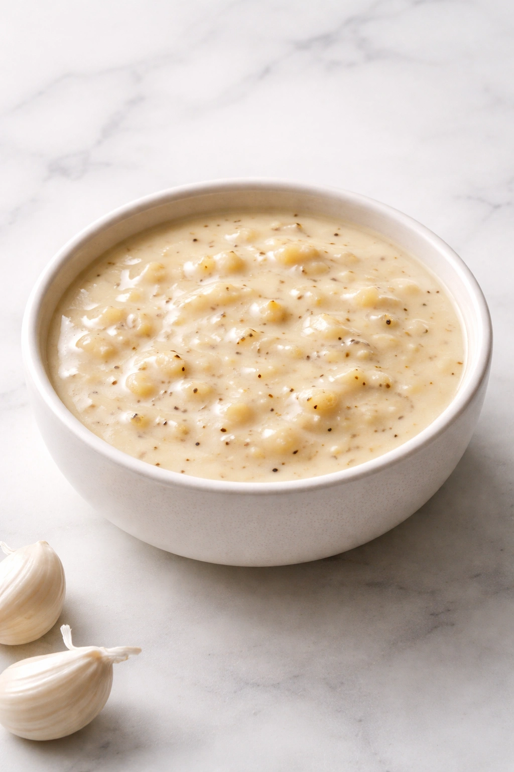 Creamy garlic white wine sauce in a small bowl