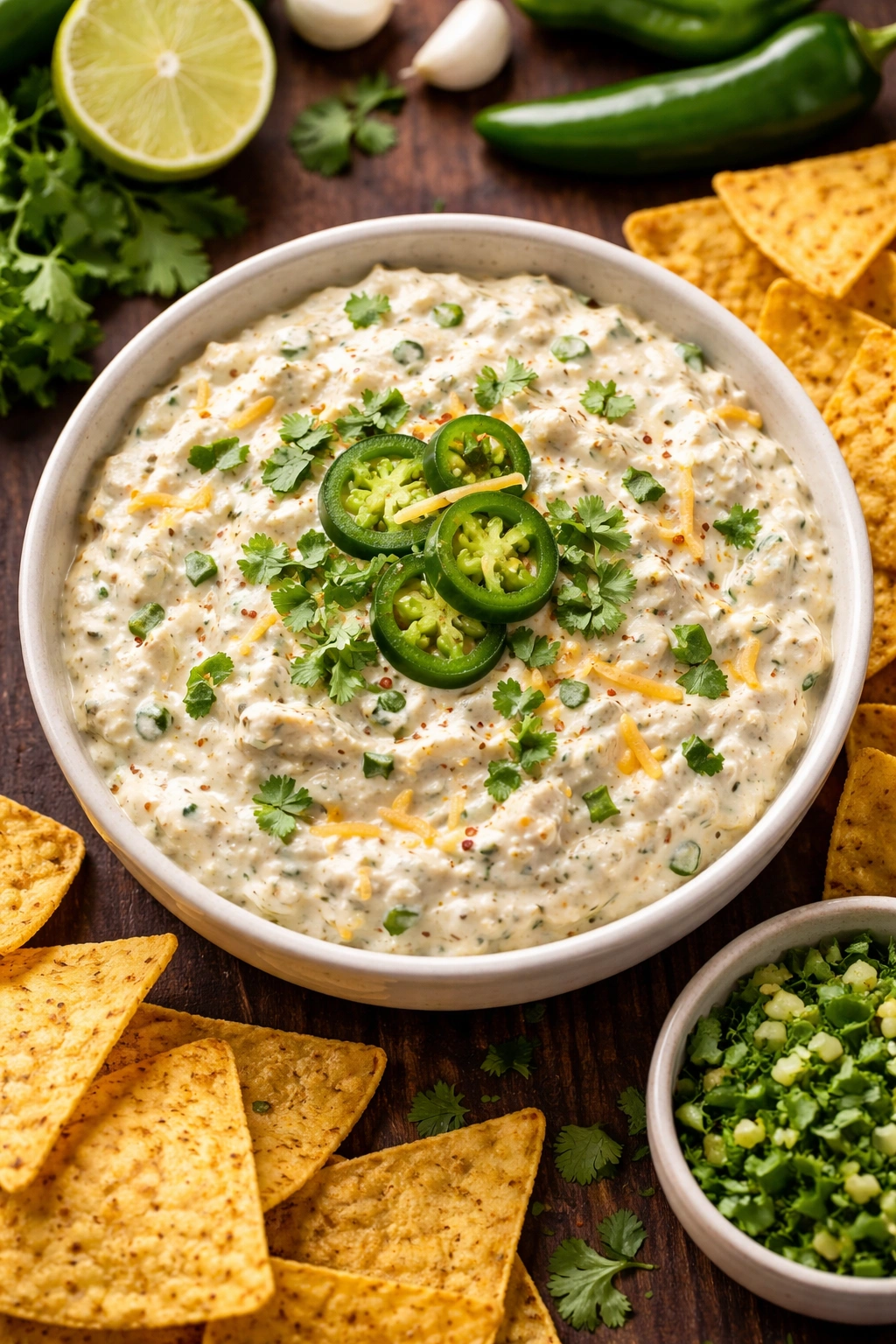 Glossy creamy jalapeño dip in a bowl with cheese and pepper bits