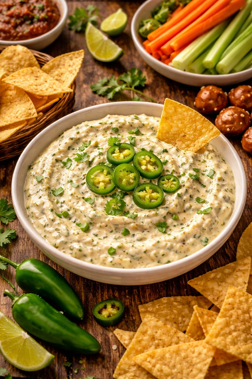 Close-up of creamy jalapeño dip with tortilla chips on a wooden table