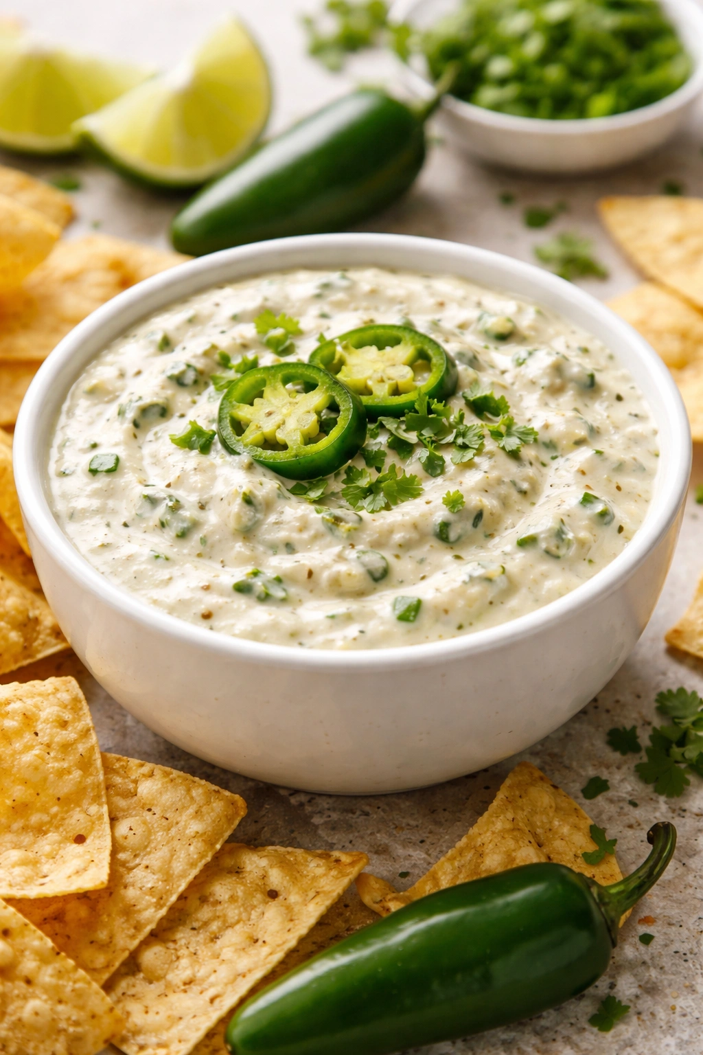 Close-up of glossy creamy jalapeño dip texture in white bowl, showcasing smooth surface and jalapeño bits