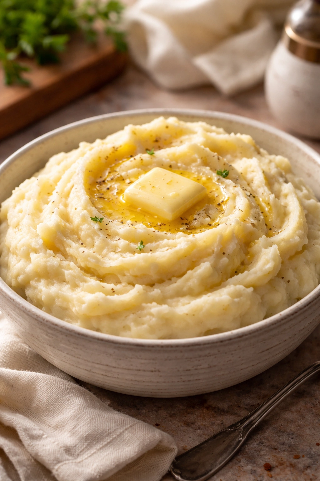 Fluffy creamy mashed potatoes with a pat of butter on top