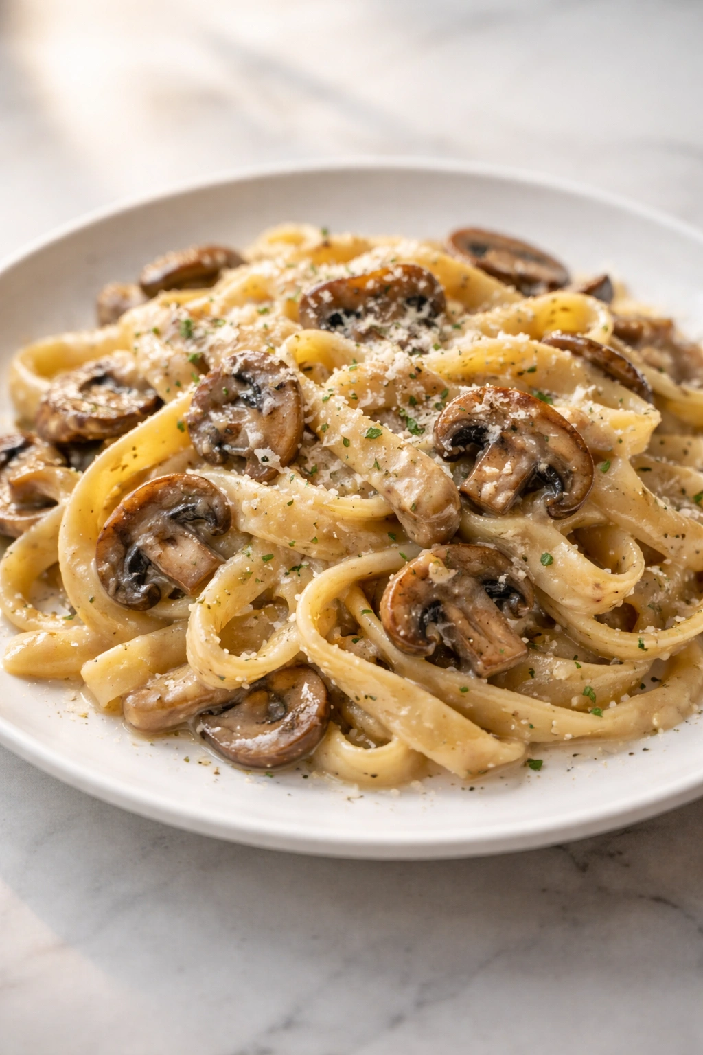 Close-up of creamy mushroom pasta with glossy sauce and mushrooms on a plate