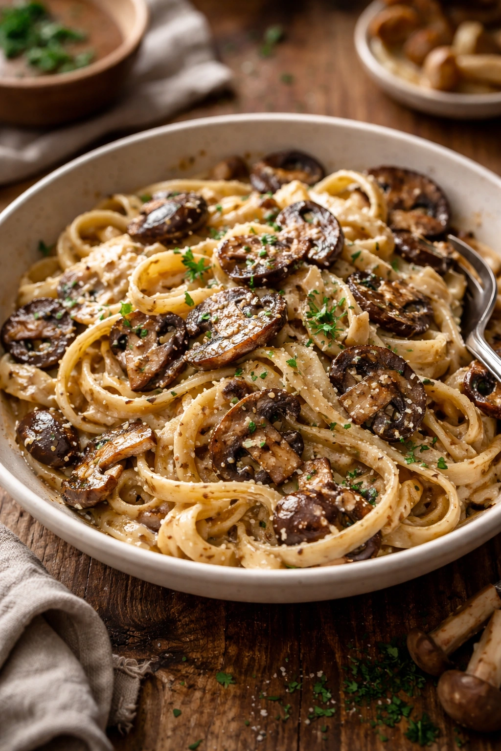 Creamy mushroom pasta with browned mushrooms in velvety sauce
