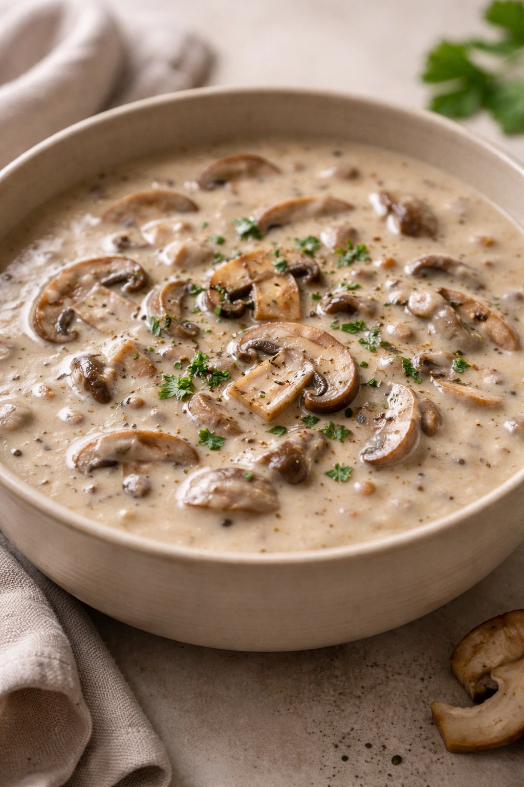 Creamy mushroom soup with mushroom slices in a bowl