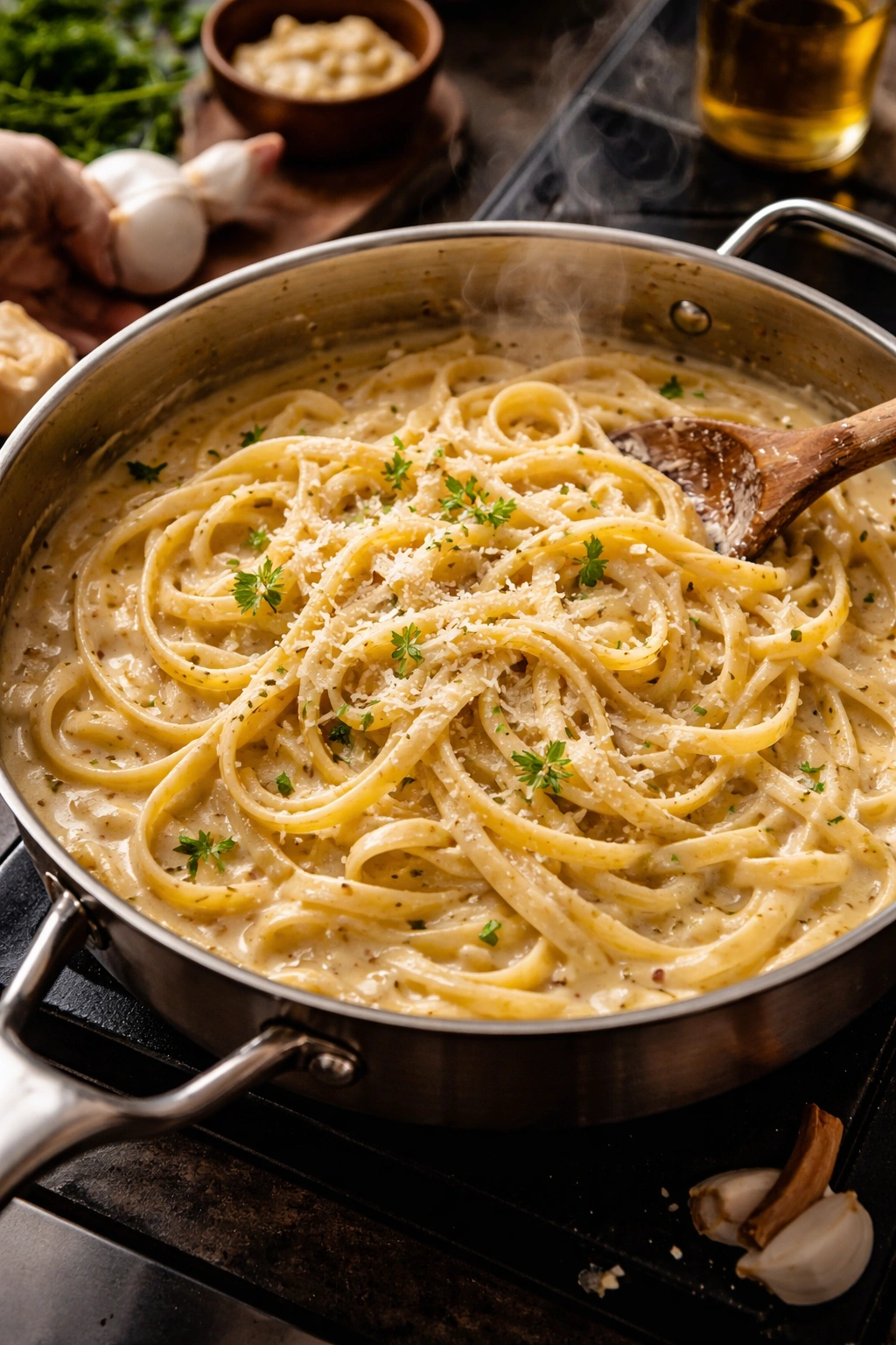 Creamy garlic parmesan pasta in a single pot