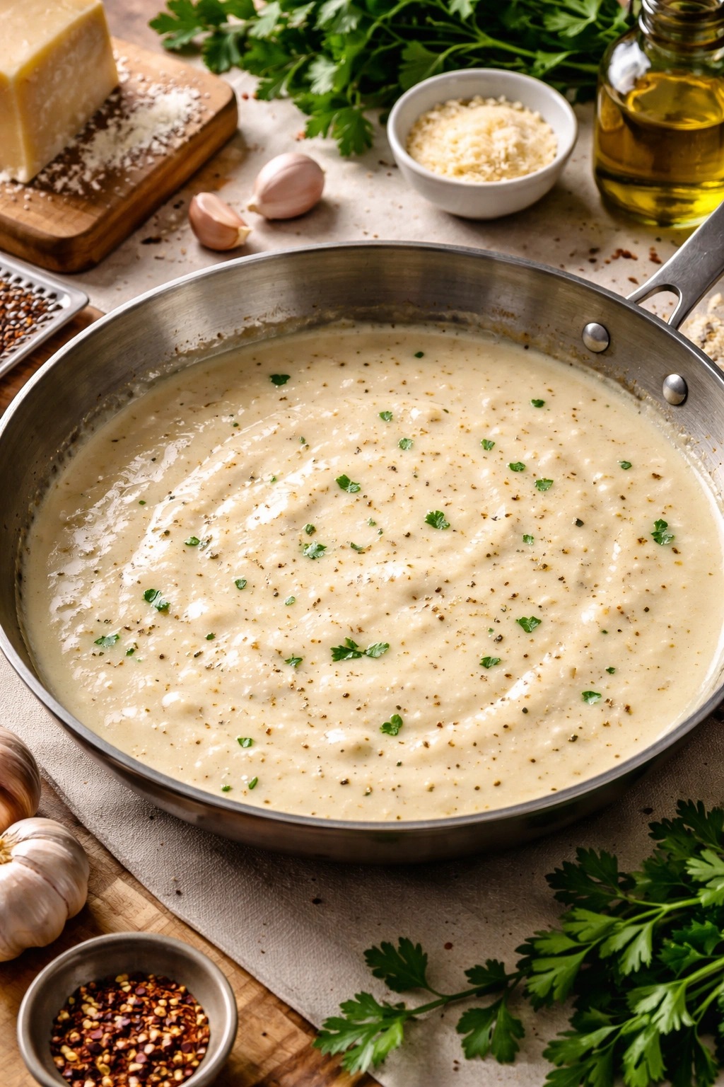 Glossy parmesan cream sauce simmering in a pan