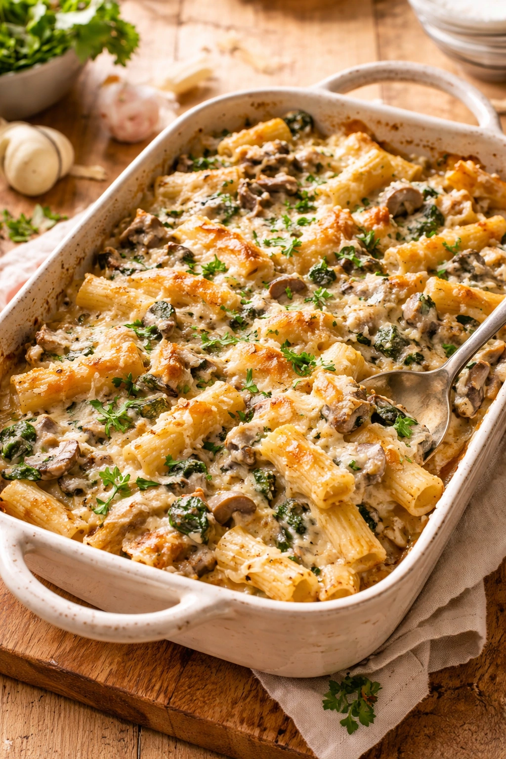 Close-up of creamy pasta bake with spinach and mushrooms in a rustic baking dish