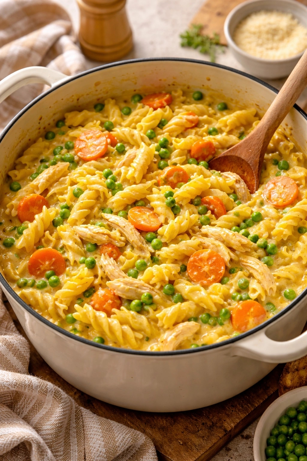Creamy pasta with carrots, peas, and chicken in a pot