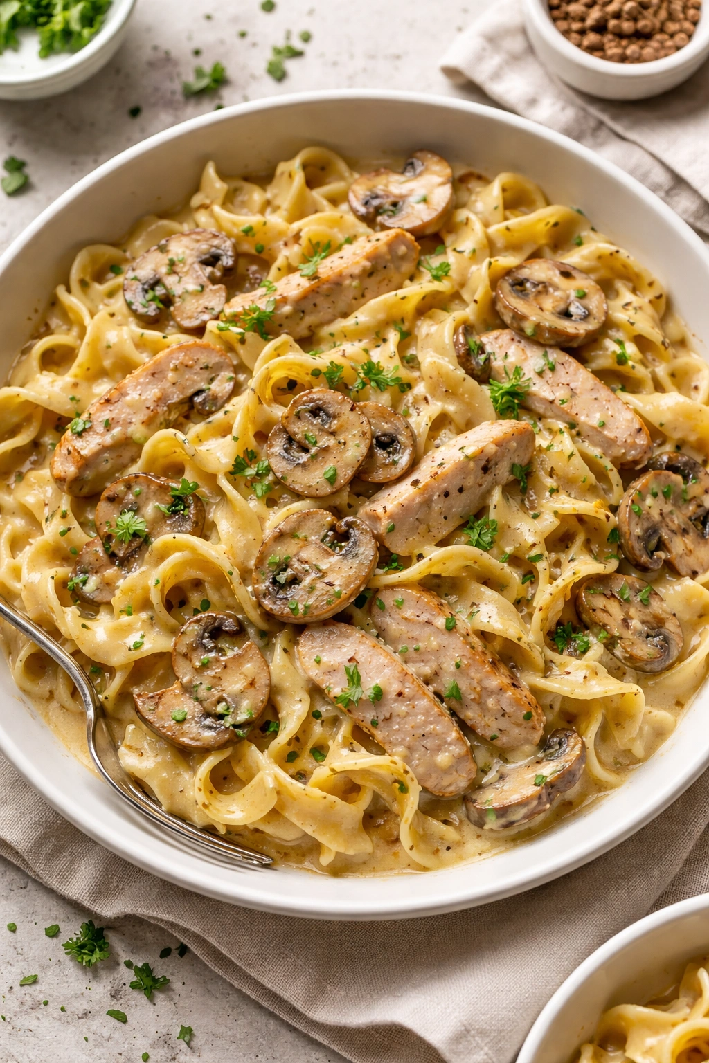 Close-up of creamy chicken and mushroom pasta in a white bowl
