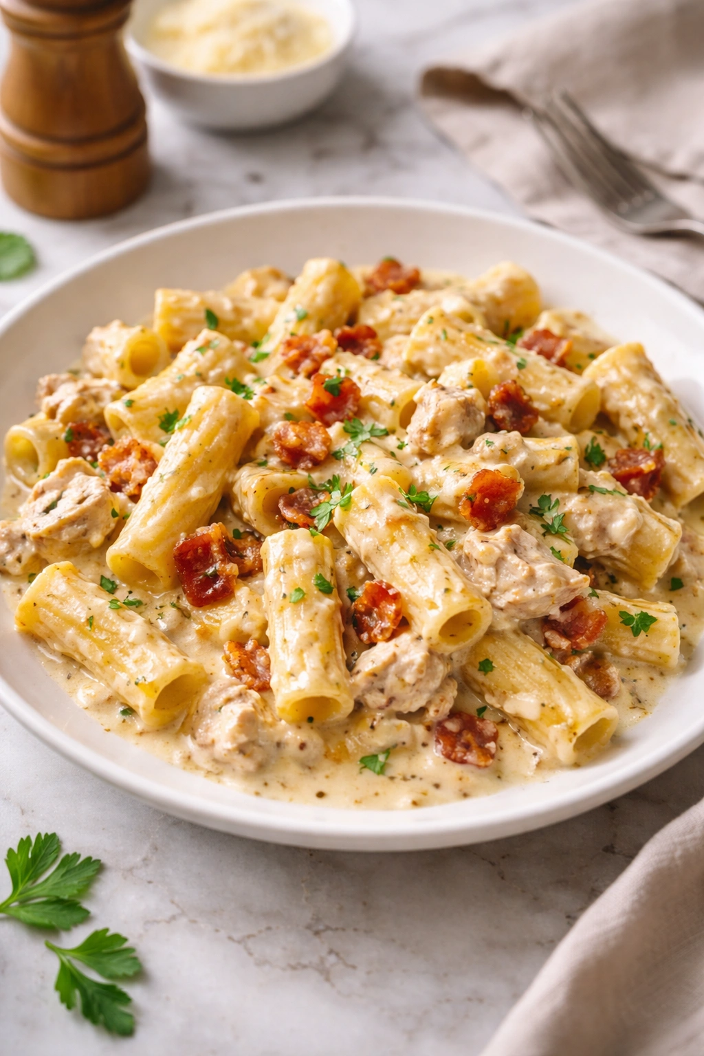 Close-up of glossy creamy pasta on a clean plate