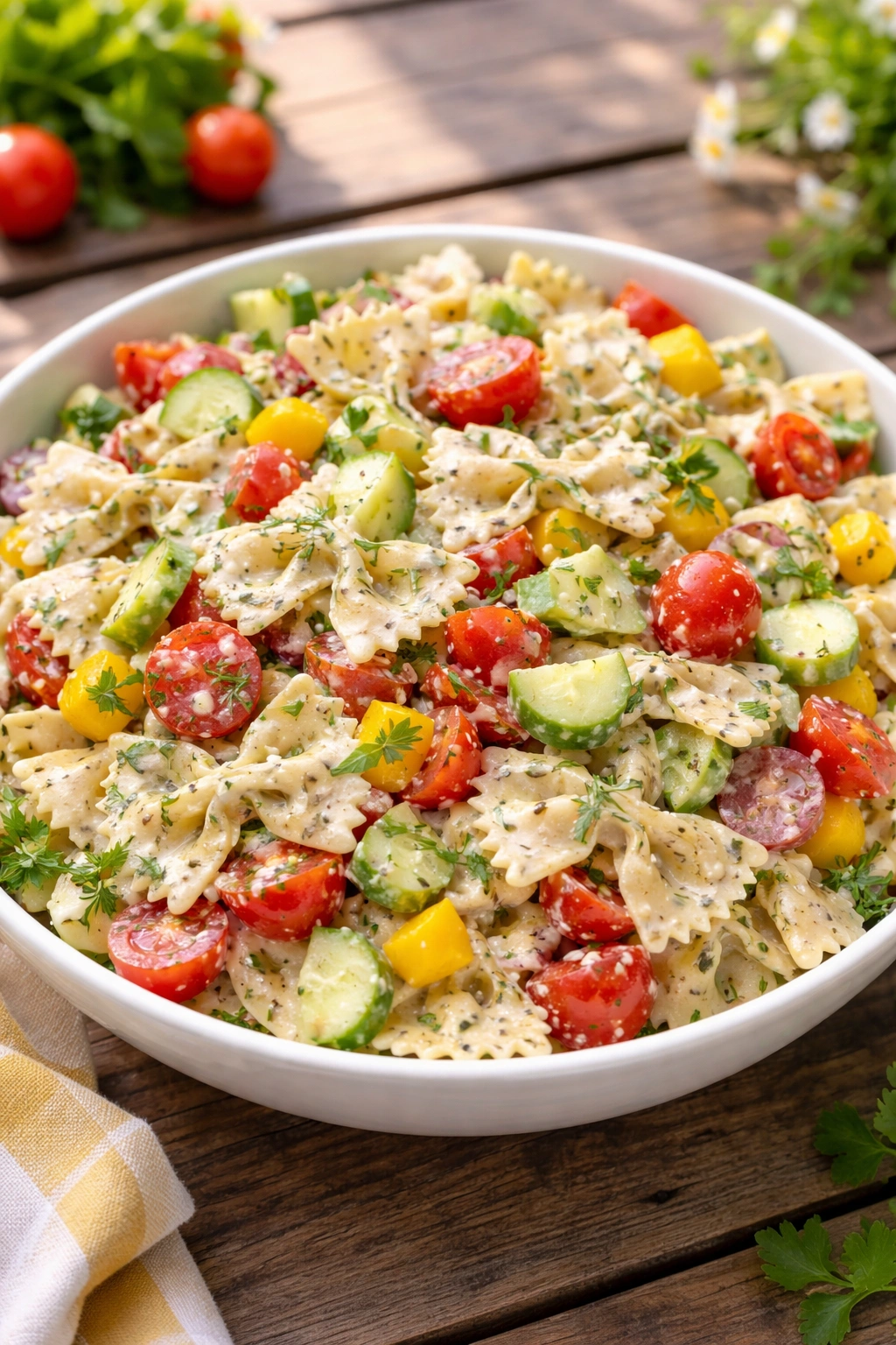 Creamy pasta salad with vegetables and herbs in a bowl