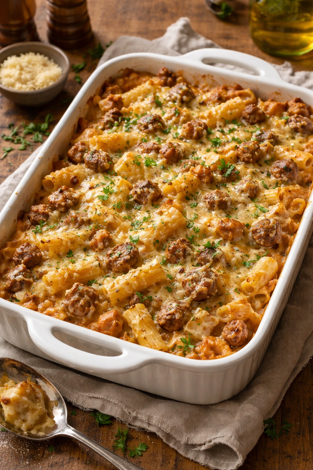 Creamy pasta and sausage bake with pasta sausage and melted cheese in a dish