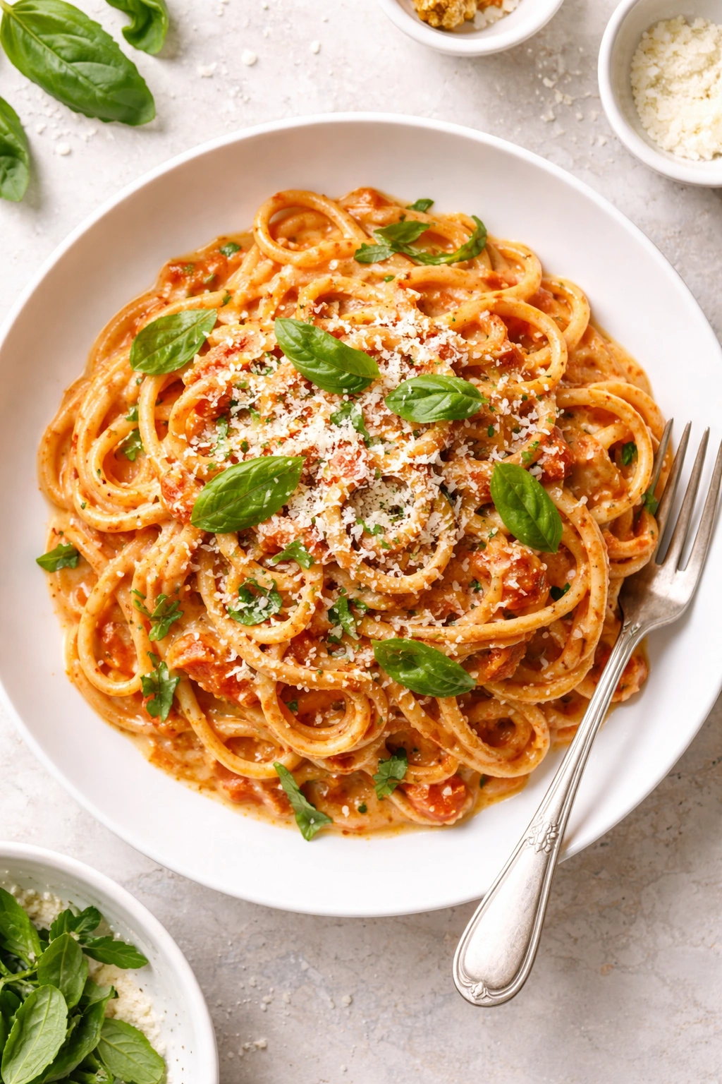 Top-down shot of plated creamy tomato basil pasta ready to serve