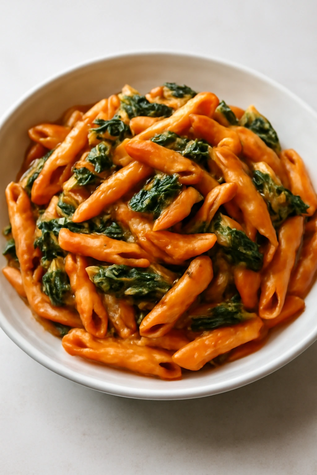 Creamy tomato pasta with spinach on a plate