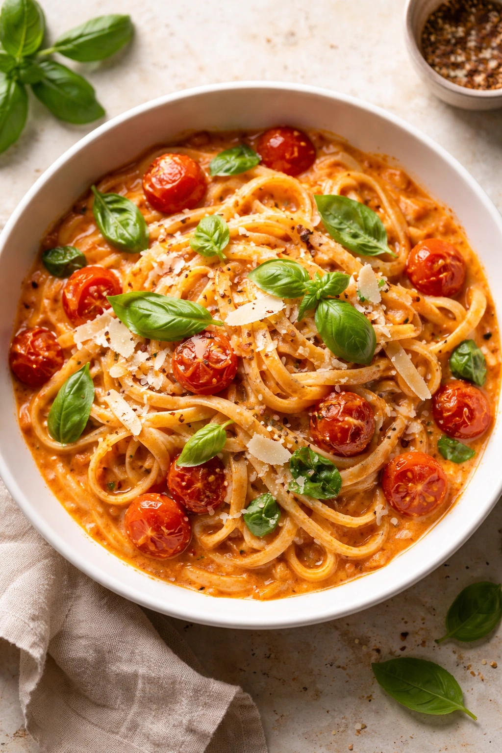 Creamy tomato basil pasta with garlic and parmesan in a white bowl