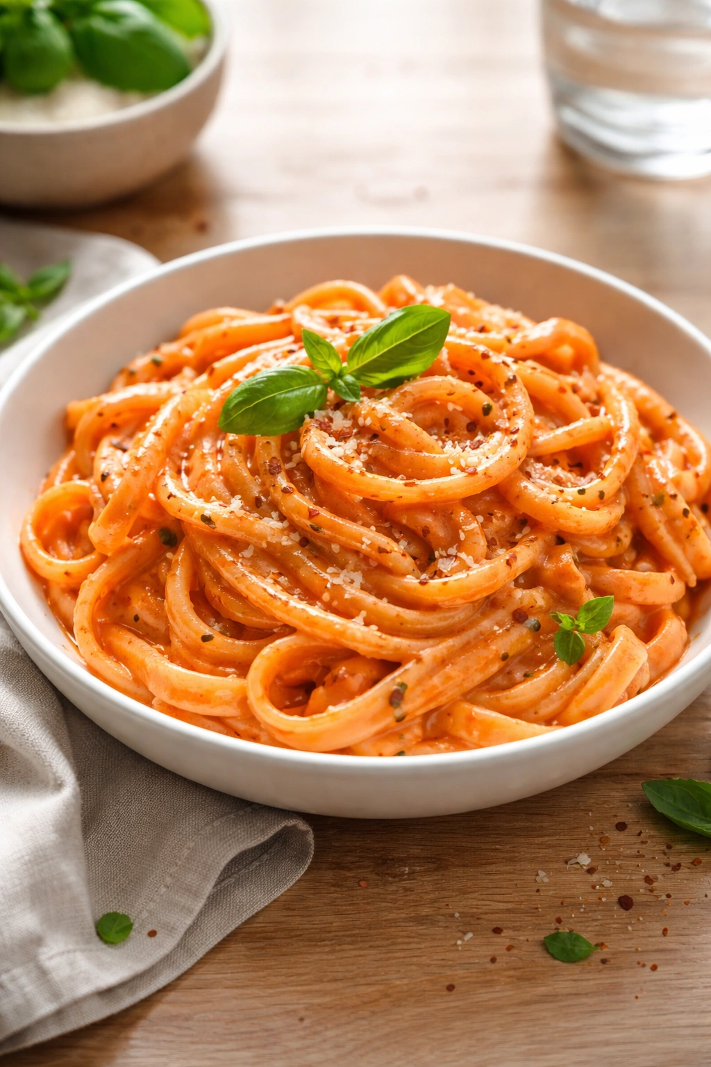 Creamy tomato pasta with basil on a plate