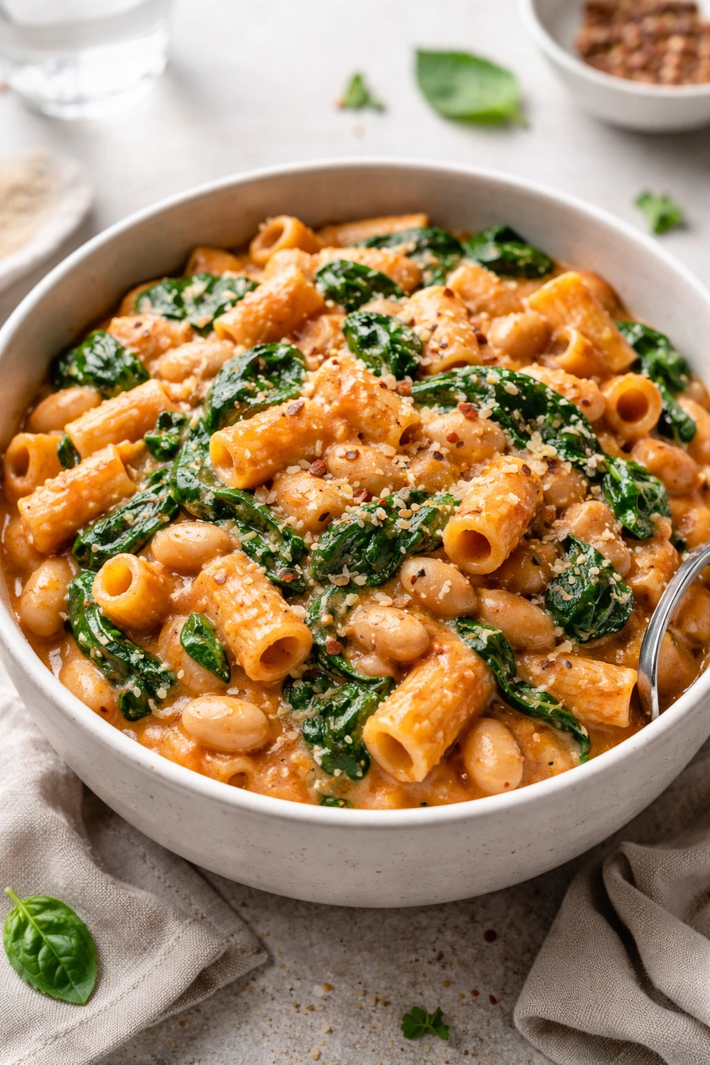Creamy tomato pasta with white beans and spinach in a bowl