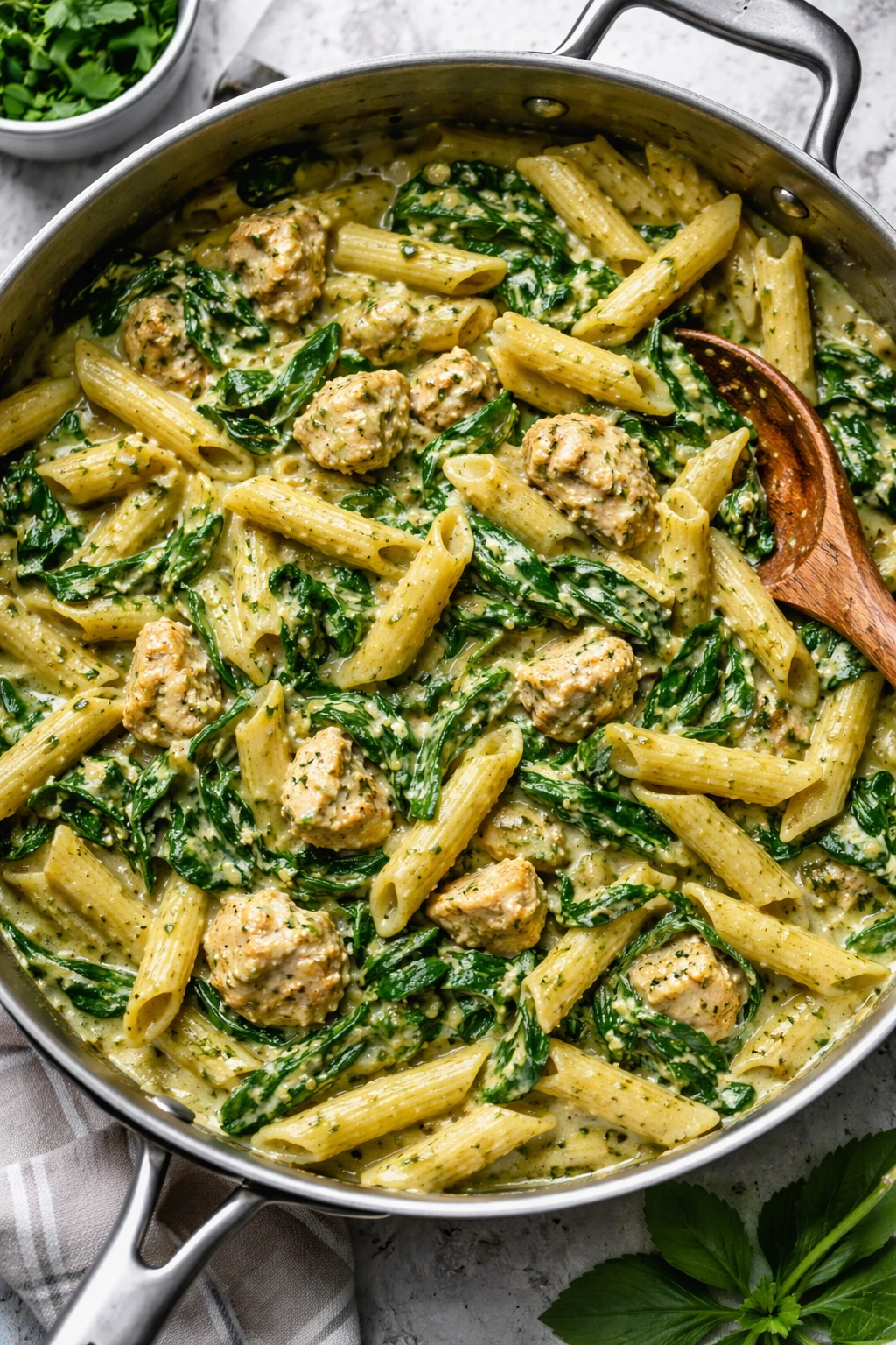 Creamy pesto chicken pasta with spinach in a skillet