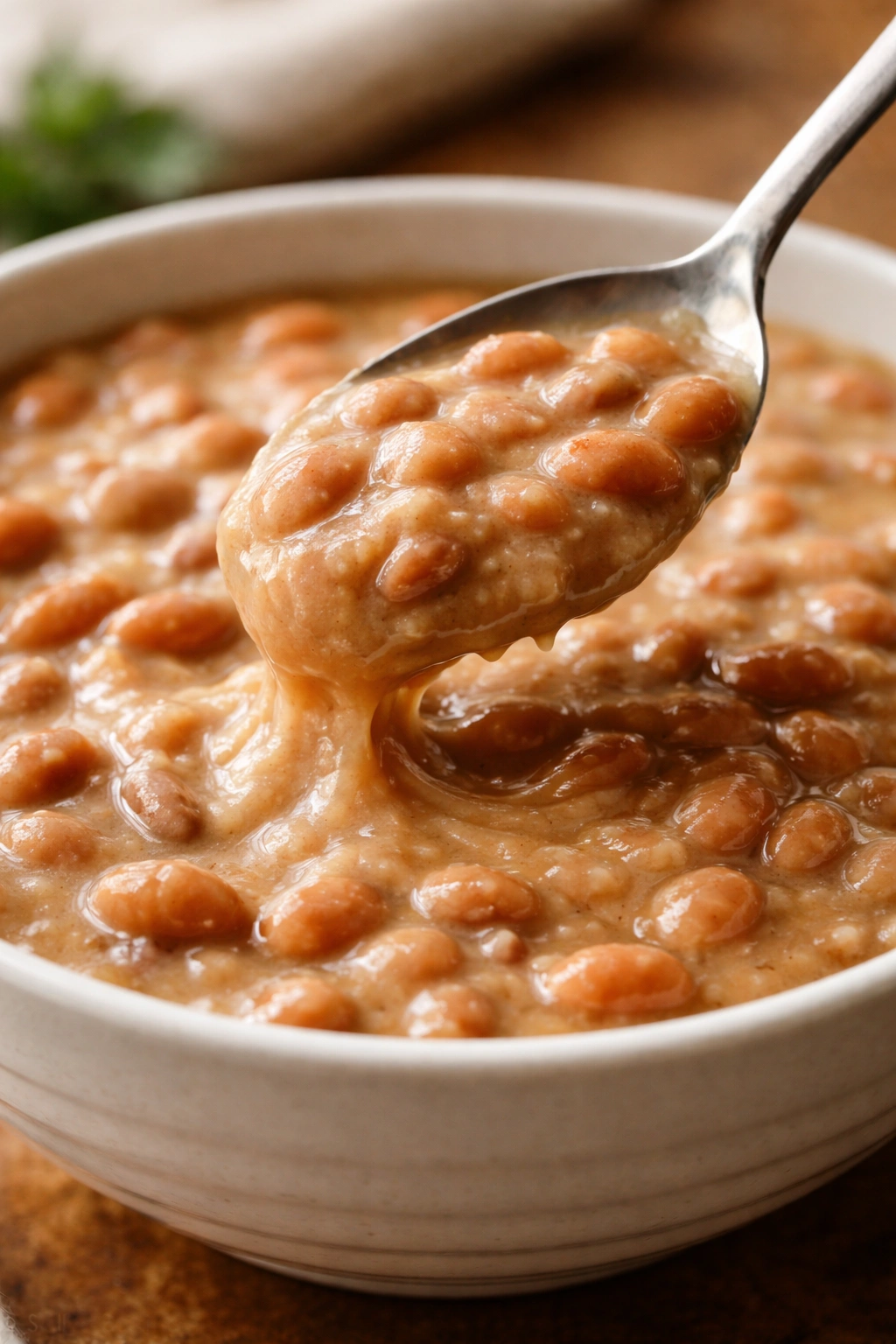 Thick, creamy pinto bean purée on a spoon
