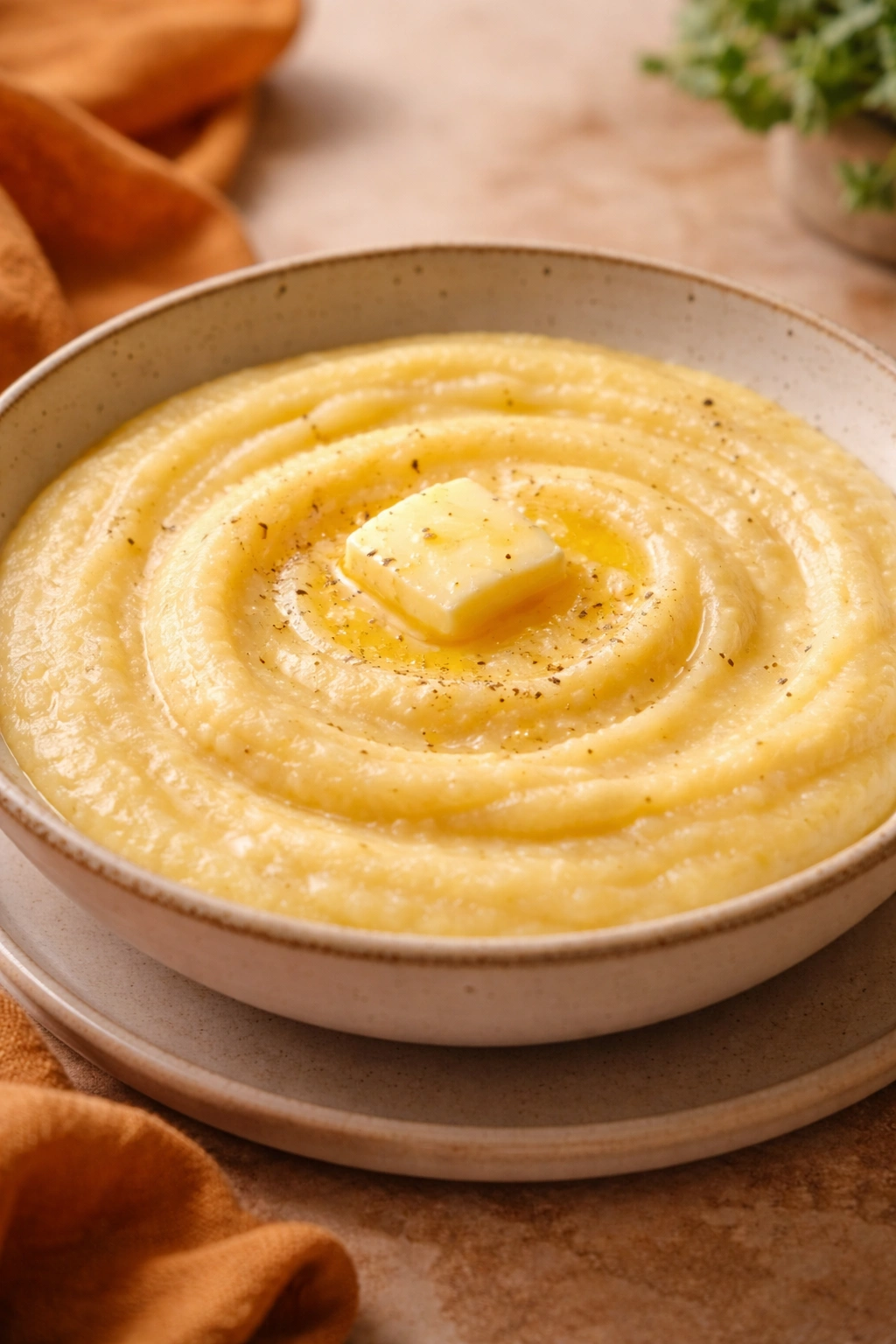 Creamy polenta in a shallow bowl with a glossy surface