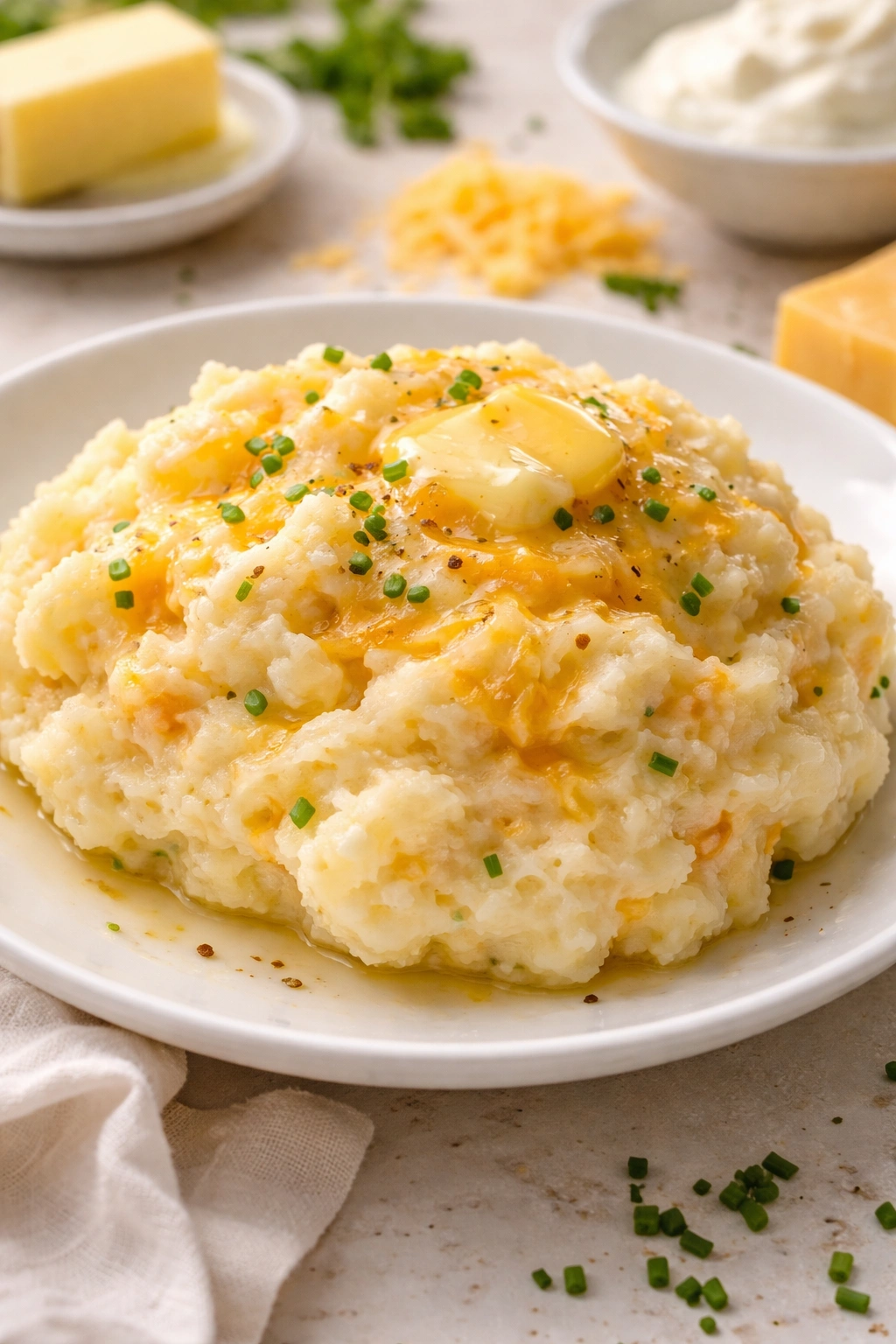 Creamy potato filling with butter and cheese in a dish