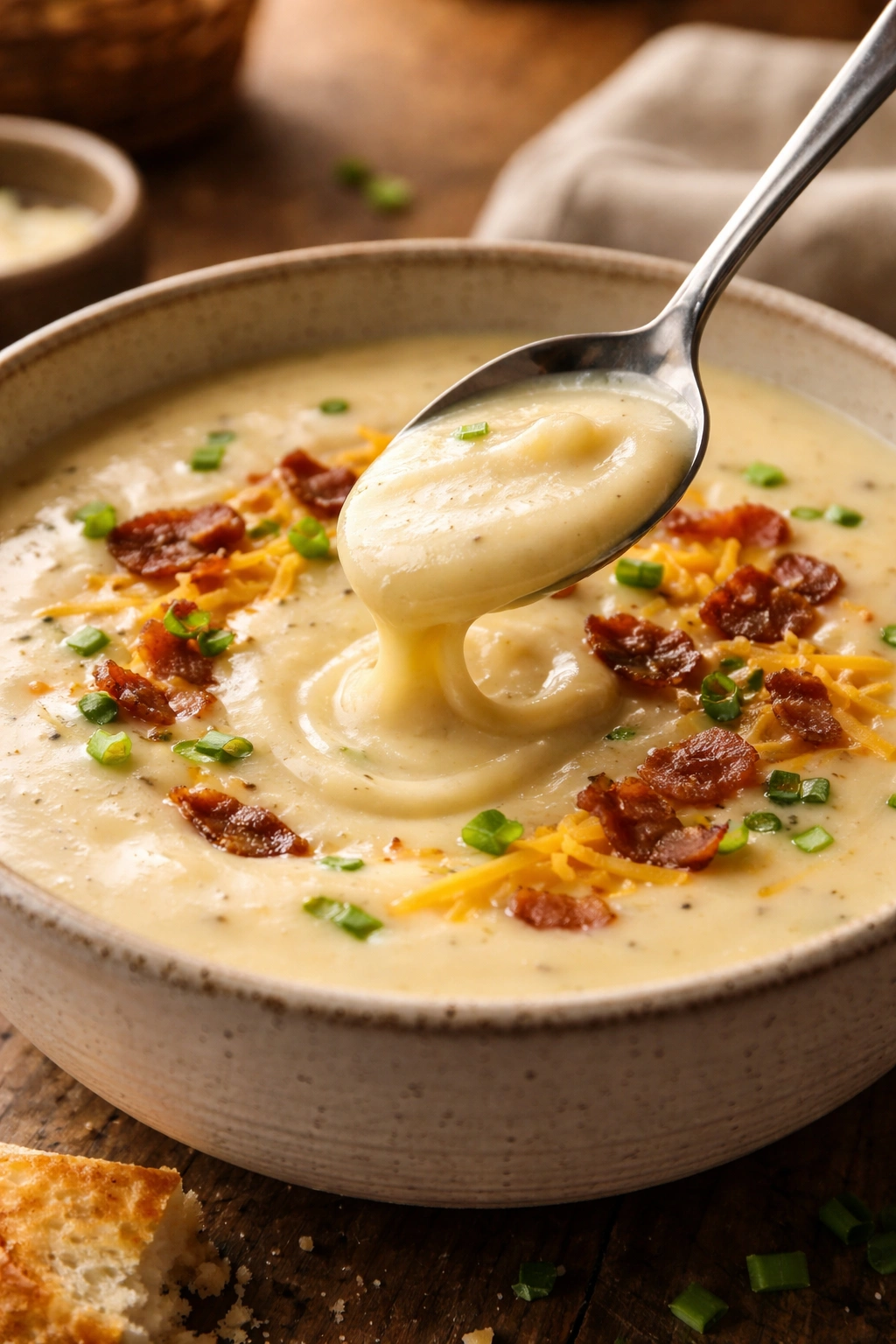 Close-up of velvety creamy potato soup in a white bowl showing smooth texture