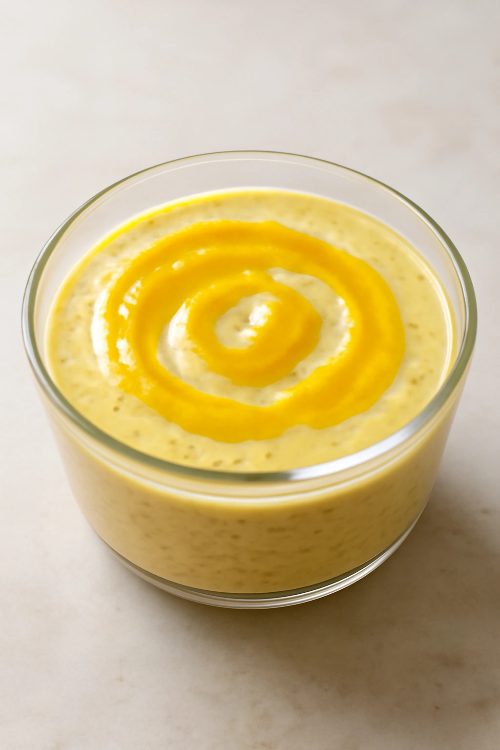 Creamy mango chia pudding in glass bowl with mango swirl, ready for breakfast