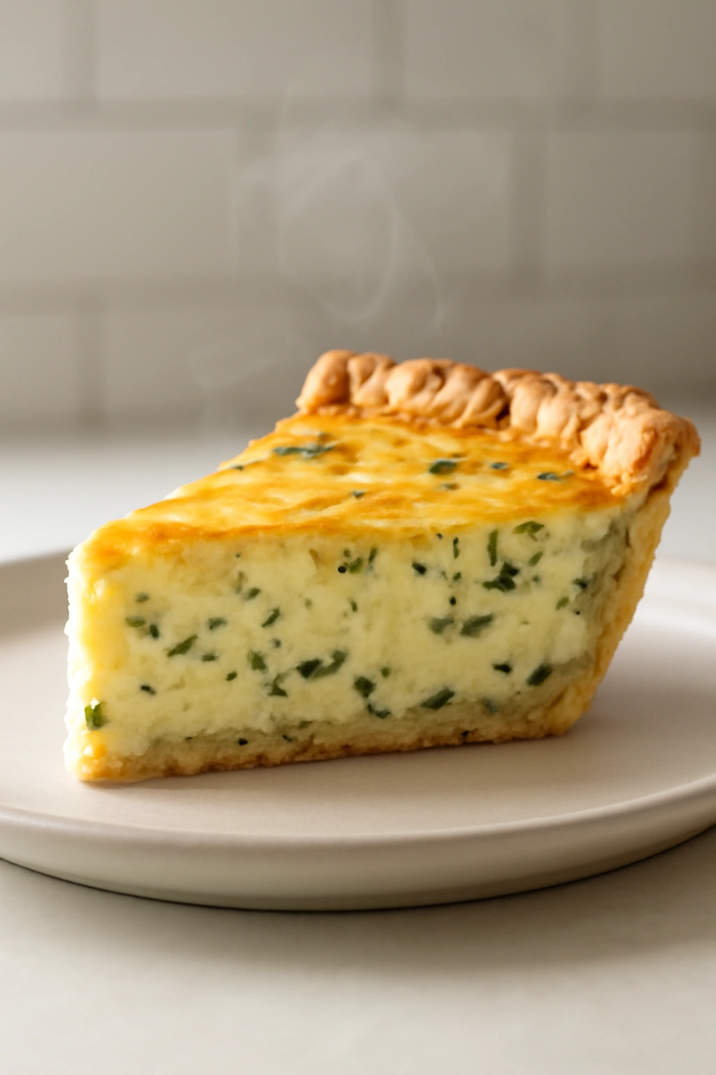 Creamy custard quiche slice with spinach on plate